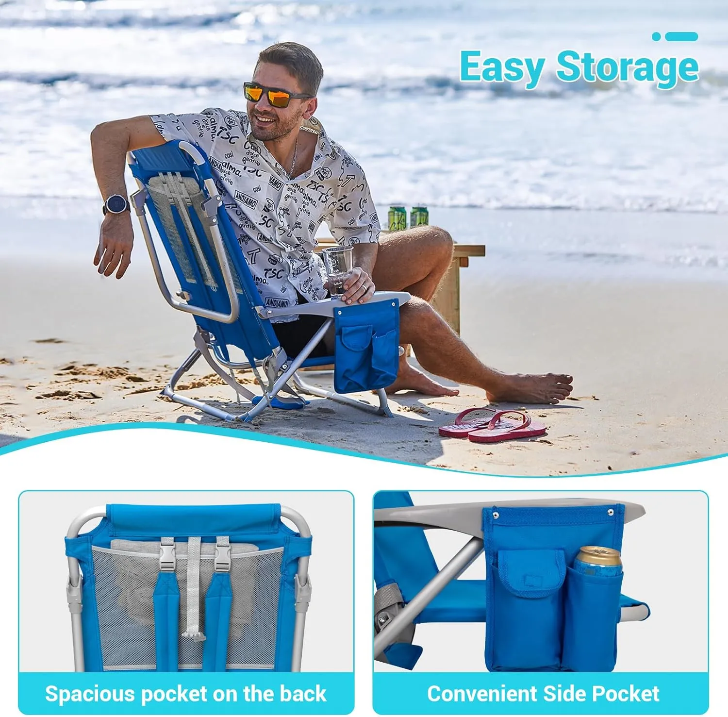 #WEJOY Folding Beach Chair for Adults, 4-Position Aluminum Lightweight Beach Chair, Low Sands Chairs with Shoulder Strap, Cup Holder and Padded Headrest, Supports 265lbs for Lawn