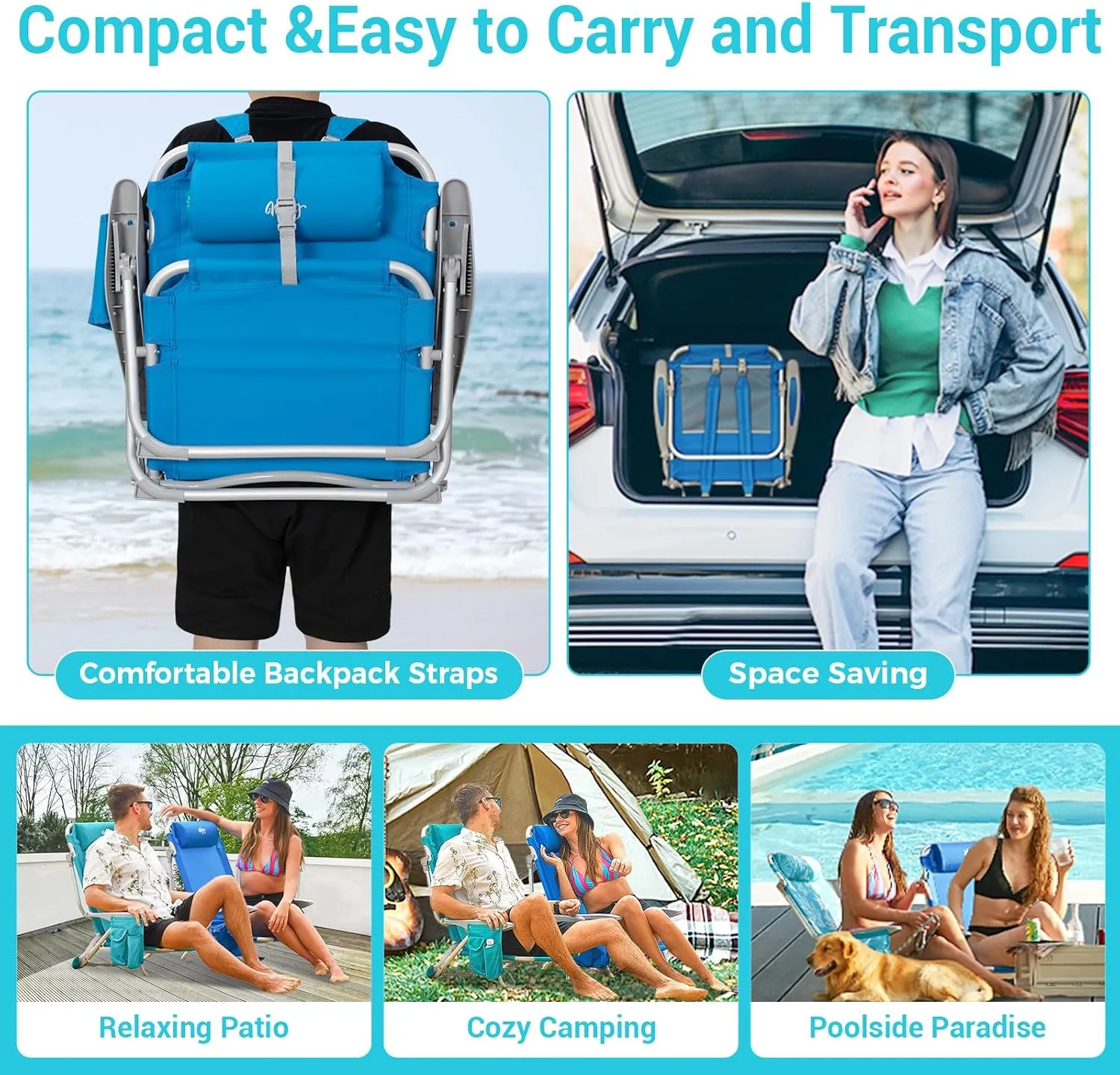 #WEJOY Folding Beach Chair for Adults, 4-Position Aluminum Lightweight Beach Chair, Low Sands Chairs with Shoulder Strap, Cup Holder and Padded Headrest, Supports 265lbs for Lawn