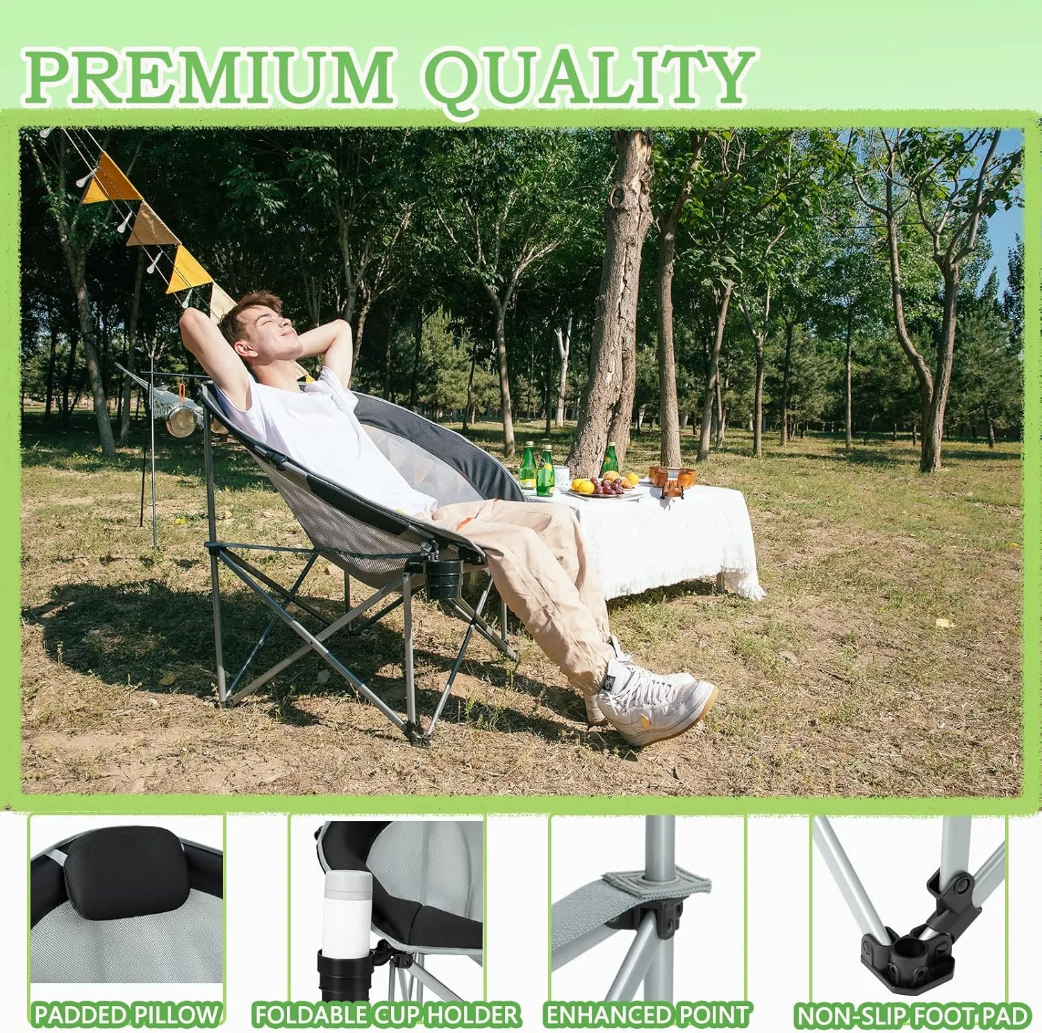#WEJOY Folding Camping Chair Oversized Moon Chairs for Adult, Breathable Mesh Chairs with Headrest and Cup Holder Support Up to 300lbs