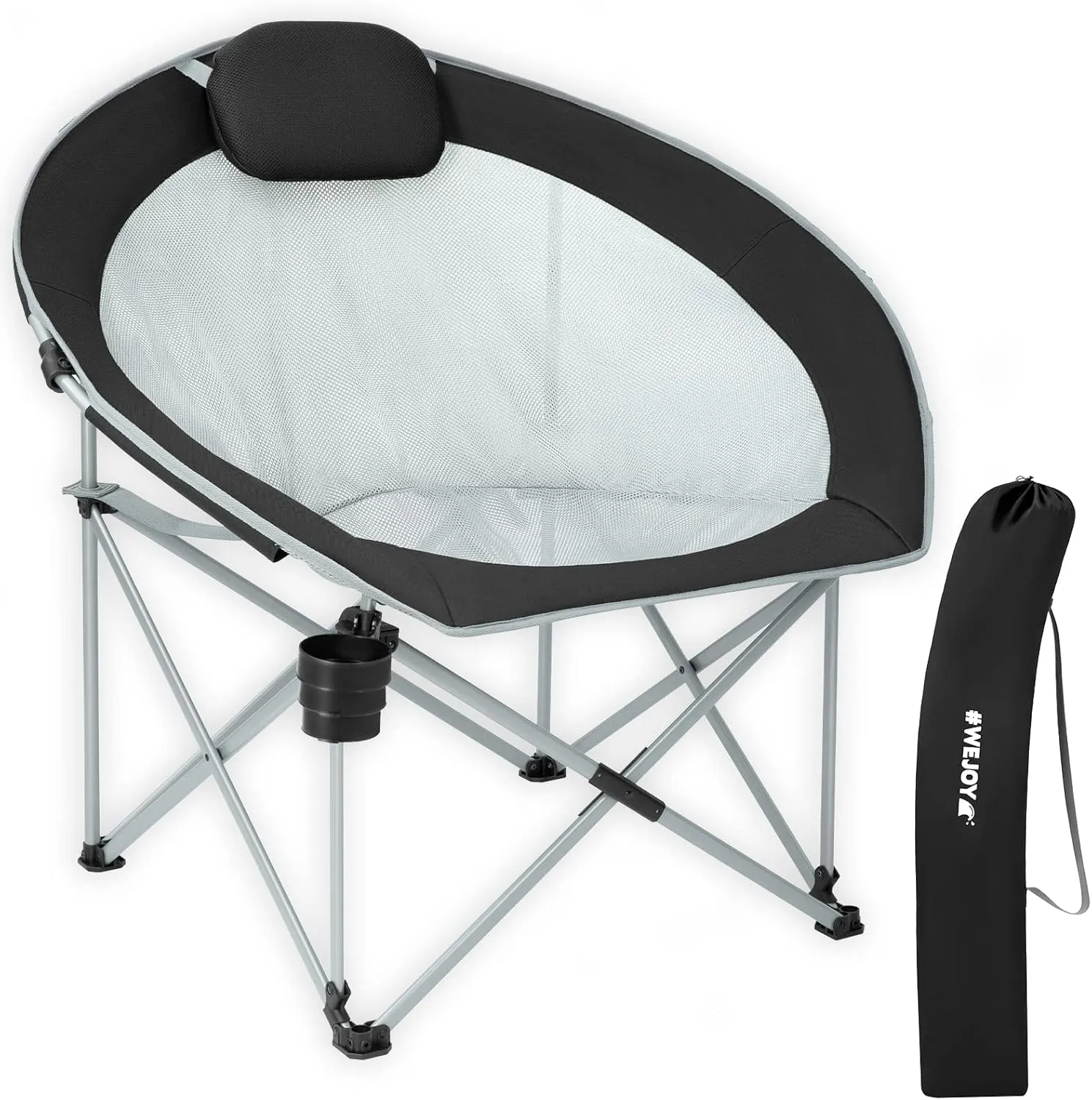 #WEJOY Folding Camping Chair Oversized Moon Chairs for Adult, Breathable Mesh Chairs with Headrest and Cup Holder Support Up to 300lbs