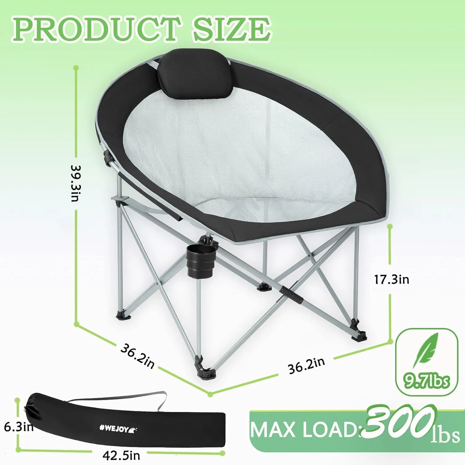 #WEJOY Folding Camping Chair Oversized Moon Chairs for Adult, Breathable Mesh Chairs with Headrest and Cup Holder Support Up to 300lbs
