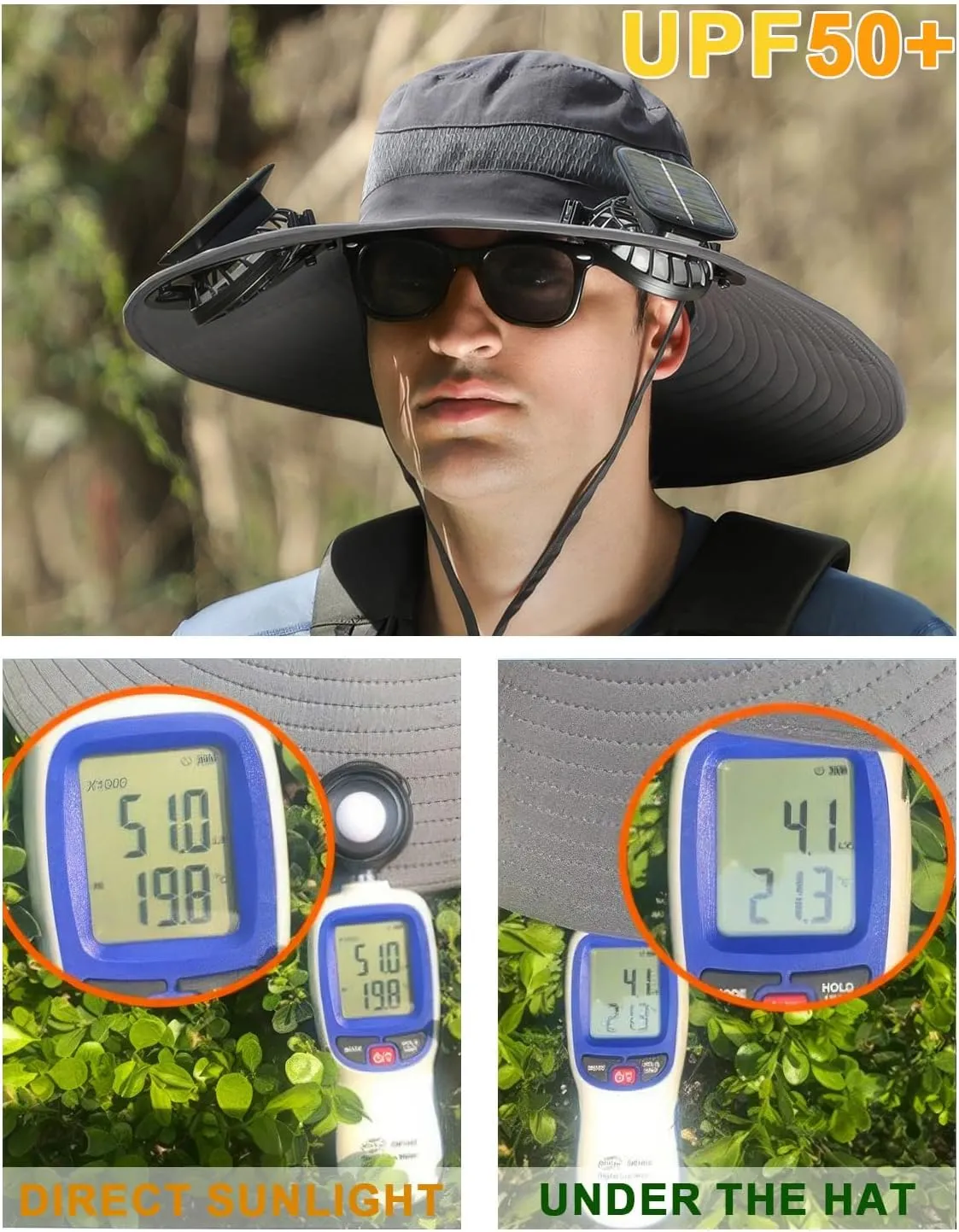 Wide Brim Solar Fan Outdoor Fishing Hat, Solar & USB Powered, Summer UV Protection Outdoor Fishing Hats UPF 50