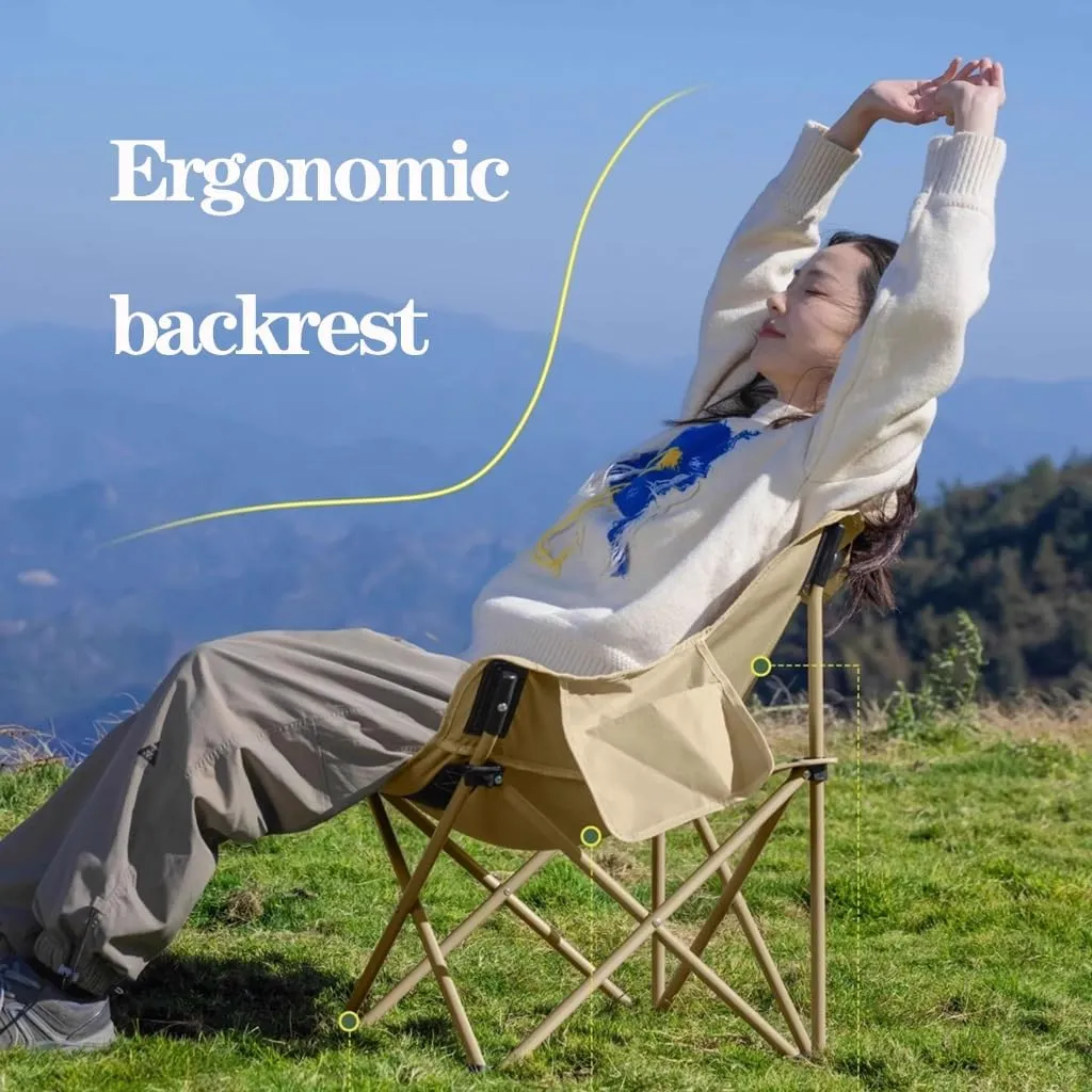 WIGSELBL Folding Moon Chairs Portable Comfy Camping Chair with Steel Frame,Recliner Chair Portable Garden Chair Deck Stool for Travel Beach Patio(Khaki-1)