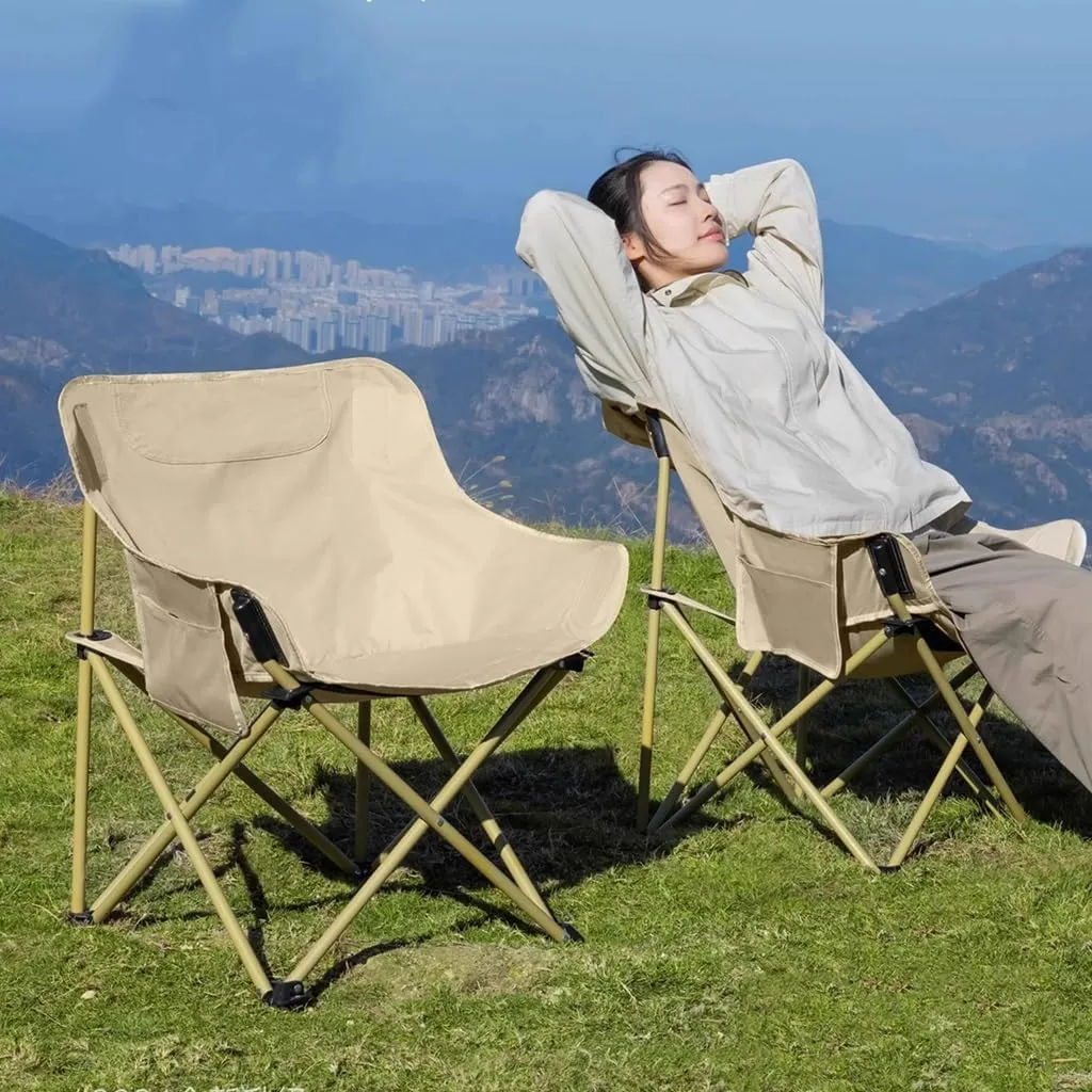 WIGSELBL Folding Moon Chairs Portable Comfy Camping Chair with Steel Frame,Recliner Chair Portable Garden Chair Deck Stool for Travel Beach Patio(Khaki-1)