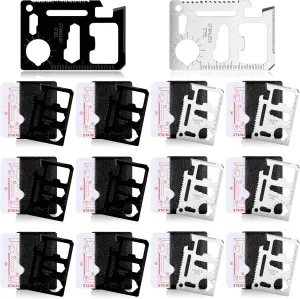 WILLBOND 24 Sets Stainless Steel 11 in 1 Survival Pocket Tools Credit Card Multitool Wallet Pocket Card Multipurpose Scale Double Pocket Tool Bottle Opener for Men Christmas Gift(Black, Silver)