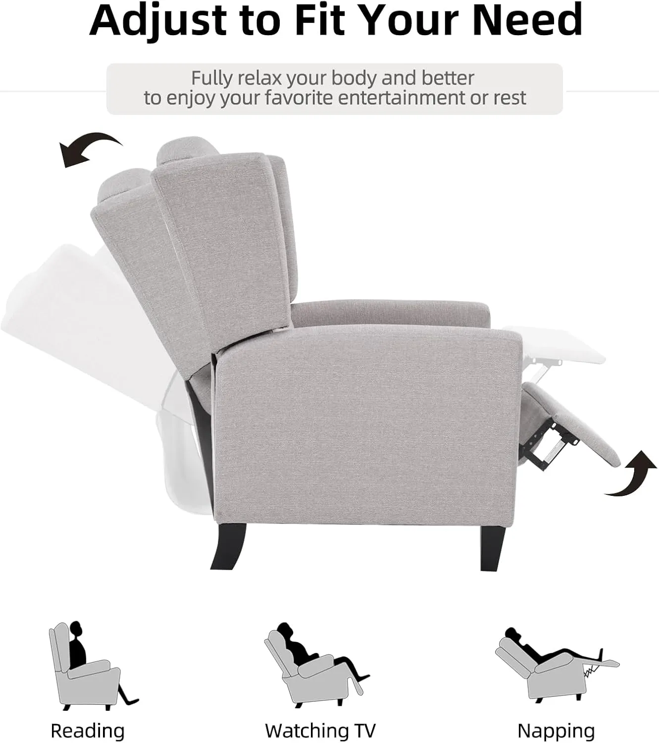 Wingback Pushback Recliner Chair Fabric Lounge Armchair Push Back Single Sofa Chair with Padded Seat Solid Wood Legs for Living Room, Mid Century Modern Recliner (Grey)