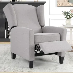 Wingback Pushback Recliner Chair Fabric Lounge Armchair Push Back Single Sofa Chair with Padded Seat Solid Wood Legs for Living Room, Mid Century Modern Recliner (Grey)
