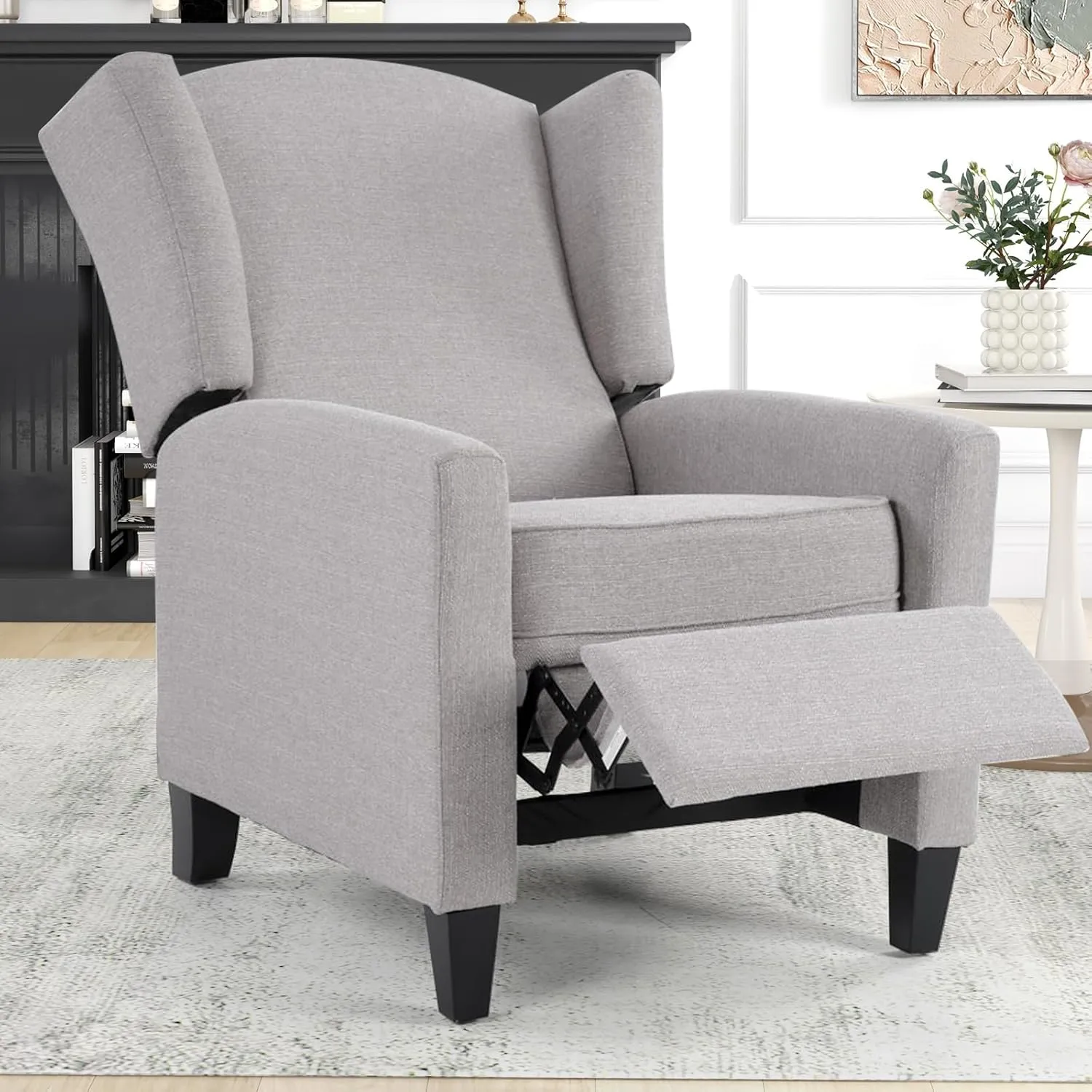 Wingback Pushback Recliner Chair Fabric Lounge Armchair Push Back Single Sofa Chair with Padded Seat Solid Wood Legs for Living Room, Mid Century Modern Recliner (Grey)
