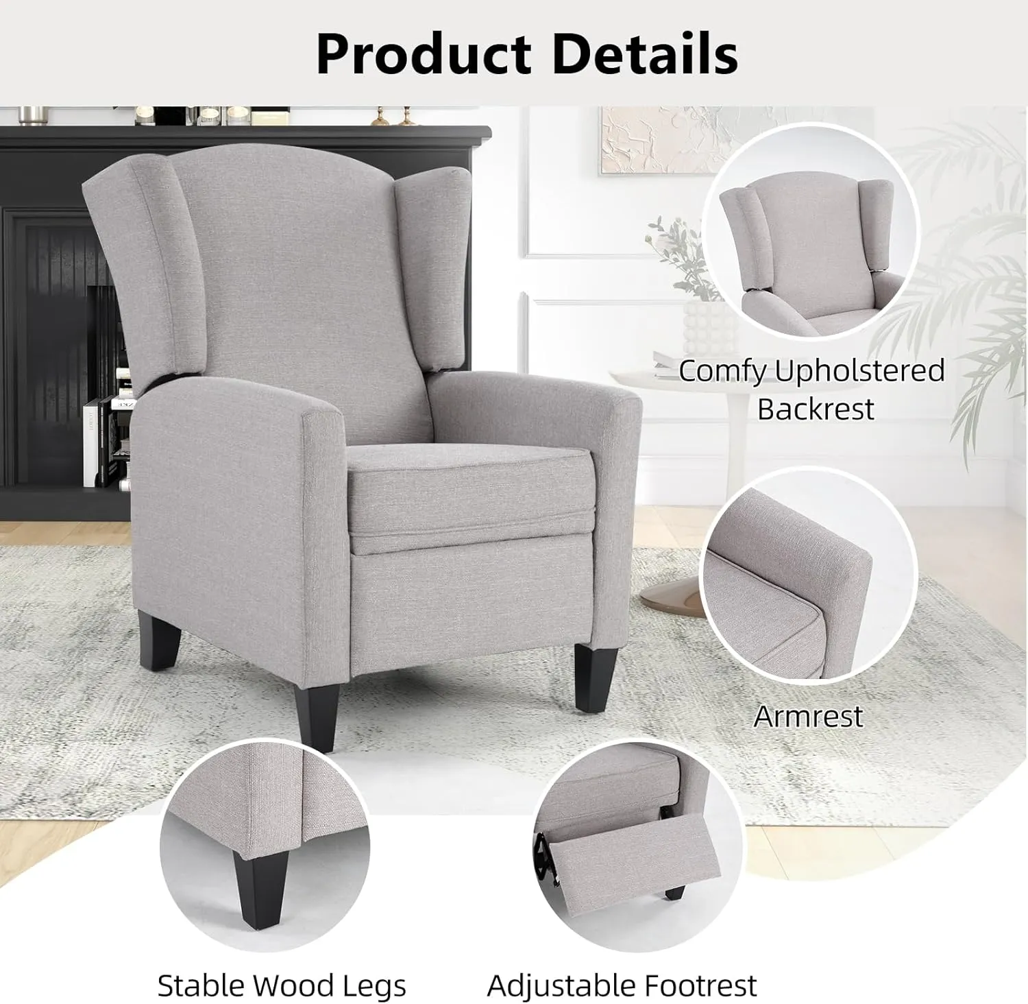 Wingback Pushback Recliner Chair Fabric Lounge Armchair Push Back Single Sofa Chair with Padded Seat Solid Wood Legs for Living Room, Mid Century Modern Recliner (Grey)