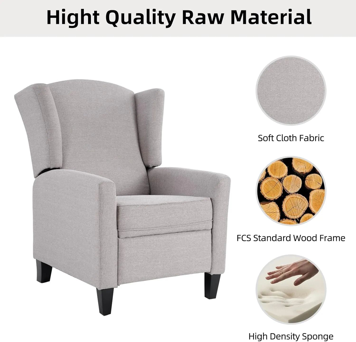 Wingback Pushback Recliner Chair Fabric Lounge Armchair Push Back Single Sofa Chair with Padded Seat Solid Wood Legs for Living Room, Mid Century Modern Recliner (Grey)