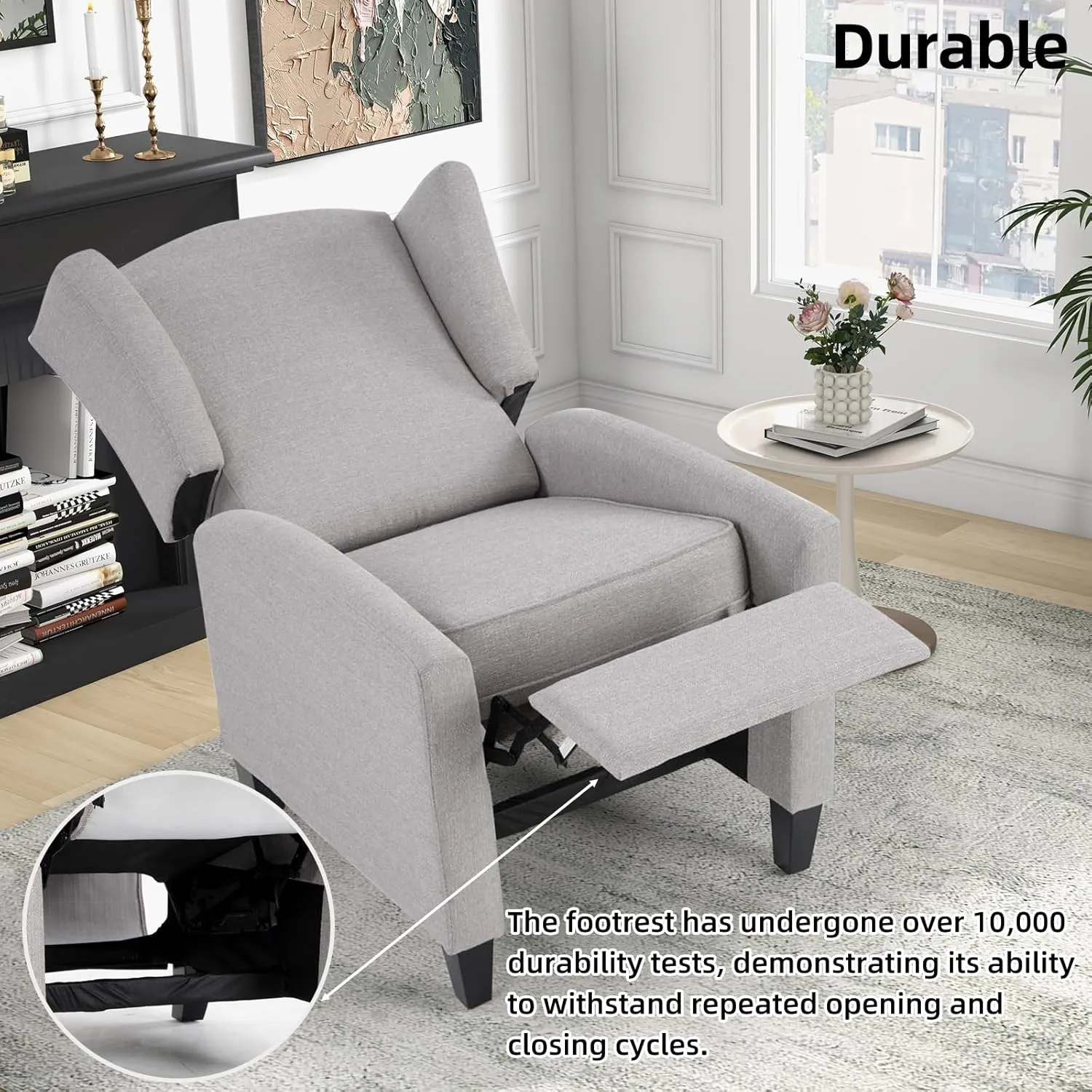Wingback Pushback Recliner Chair Fabric Lounge Armchair Push Back Single Sofa Chair with Padded Seat Solid Wood Legs for Living Room, Mid Century Modern Recliner (Grey)
