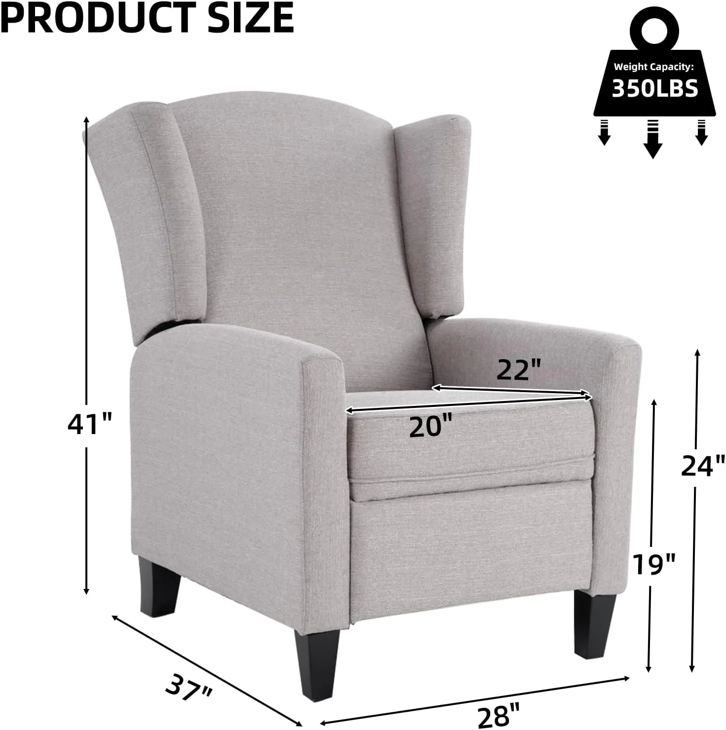 Wingback Pushback Recliner Chair Fabric Lounge Armchair Push Back Single Sofa Chair with Padded Seat Solid Wood Legs for Living Room, Mid Century Modern Recliner (Grey)