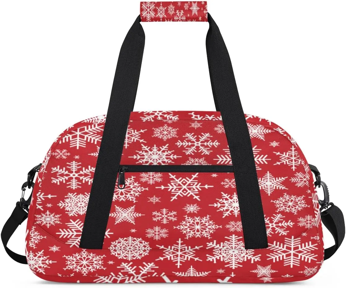 Winter Snowflake Gym Duffel Bag for Men Women Red Background Sports Tote Bag with Adjustable Shoulder Strap for Dance Gymnastics Traveling Outdoor Camping Overnight Stay