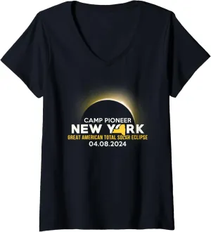 Womens Camp Pioneer, NY New York Total Solar Eclipse 2024 V-Neck T-Shirt