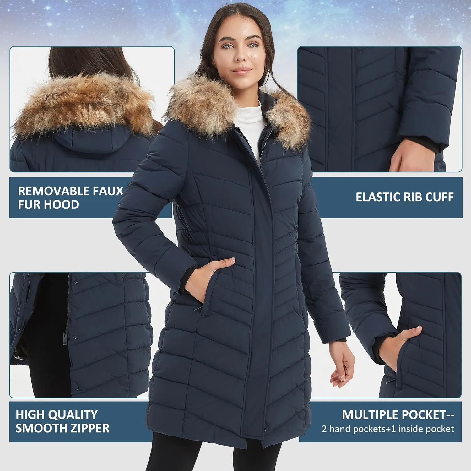Women's Padded Jacket, Thicken Parka Faux Fur Vegan Down Long Parka Winter Jacket Warm Hooded Outwear XS-XXL