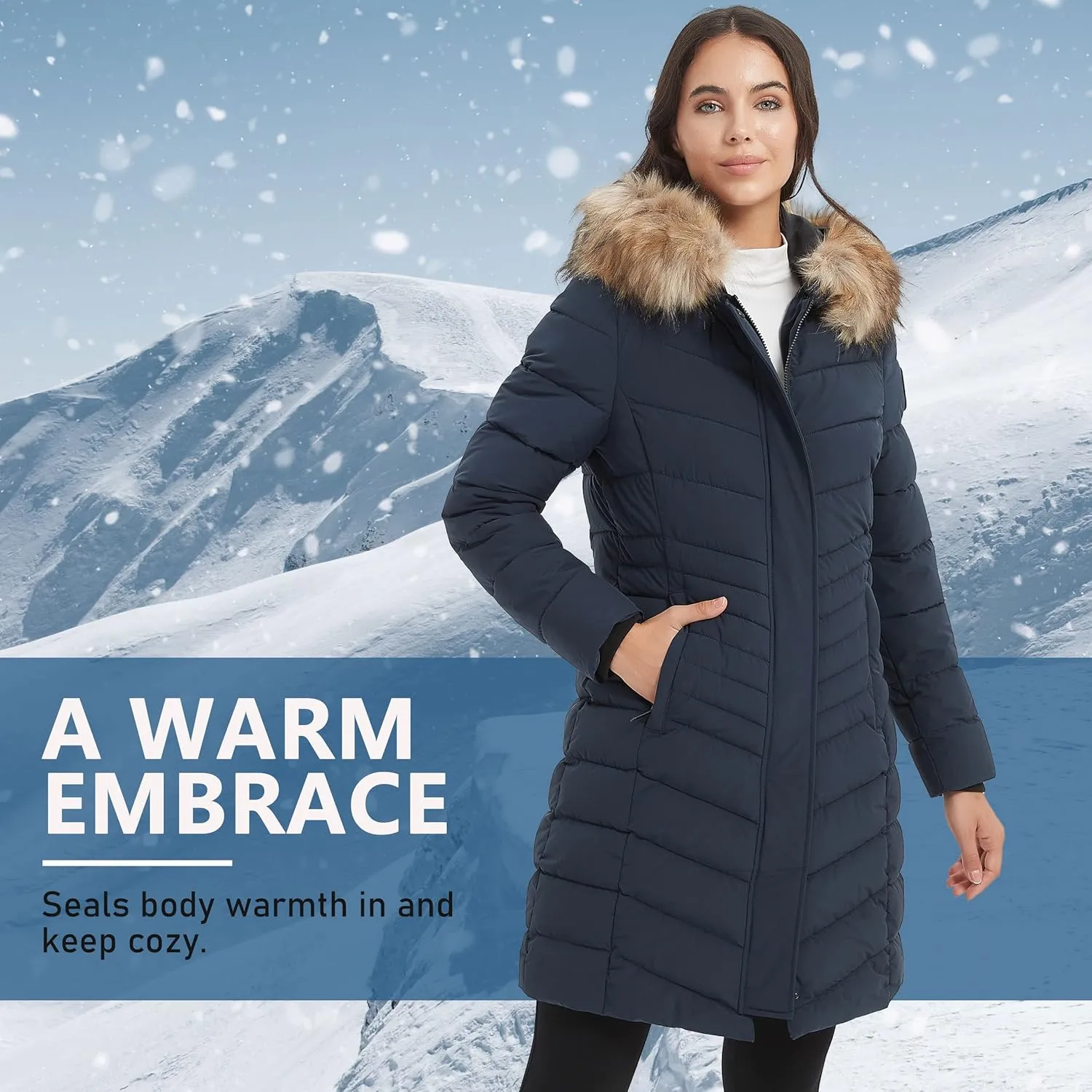 Women's Padded Jacket, Thicken Parka Faux Fur Vegan Down Long Parka Winter Jacket Warm Hooded Outwear XS-XXL