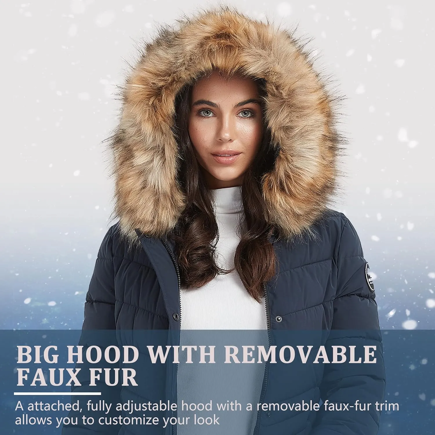 Women's Padded Jacket, Thicken Parka Faux Fur Vegan Down Long Parka Winter Jacket Warm Hooded Outwear XS-XXL