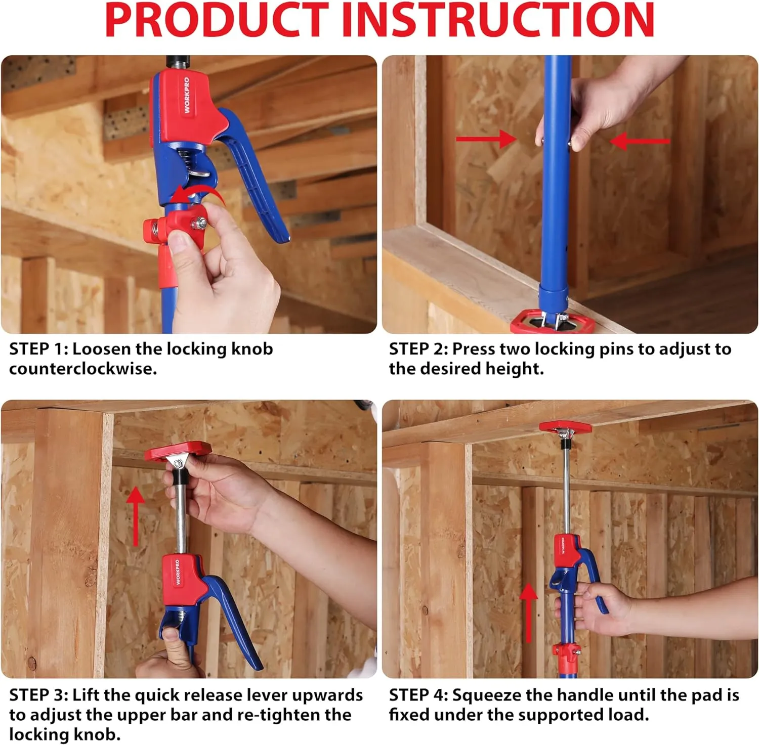 WORKPRO Cabinet Jack Support Pole, 54-114 Inches Steel Telescopic Quick Support Rod Adjustable 3rd Hand Support System with 154 lbs Capacity for Cabinet Jack, Drywall Jack& Cargo Bars, 2-Pack
