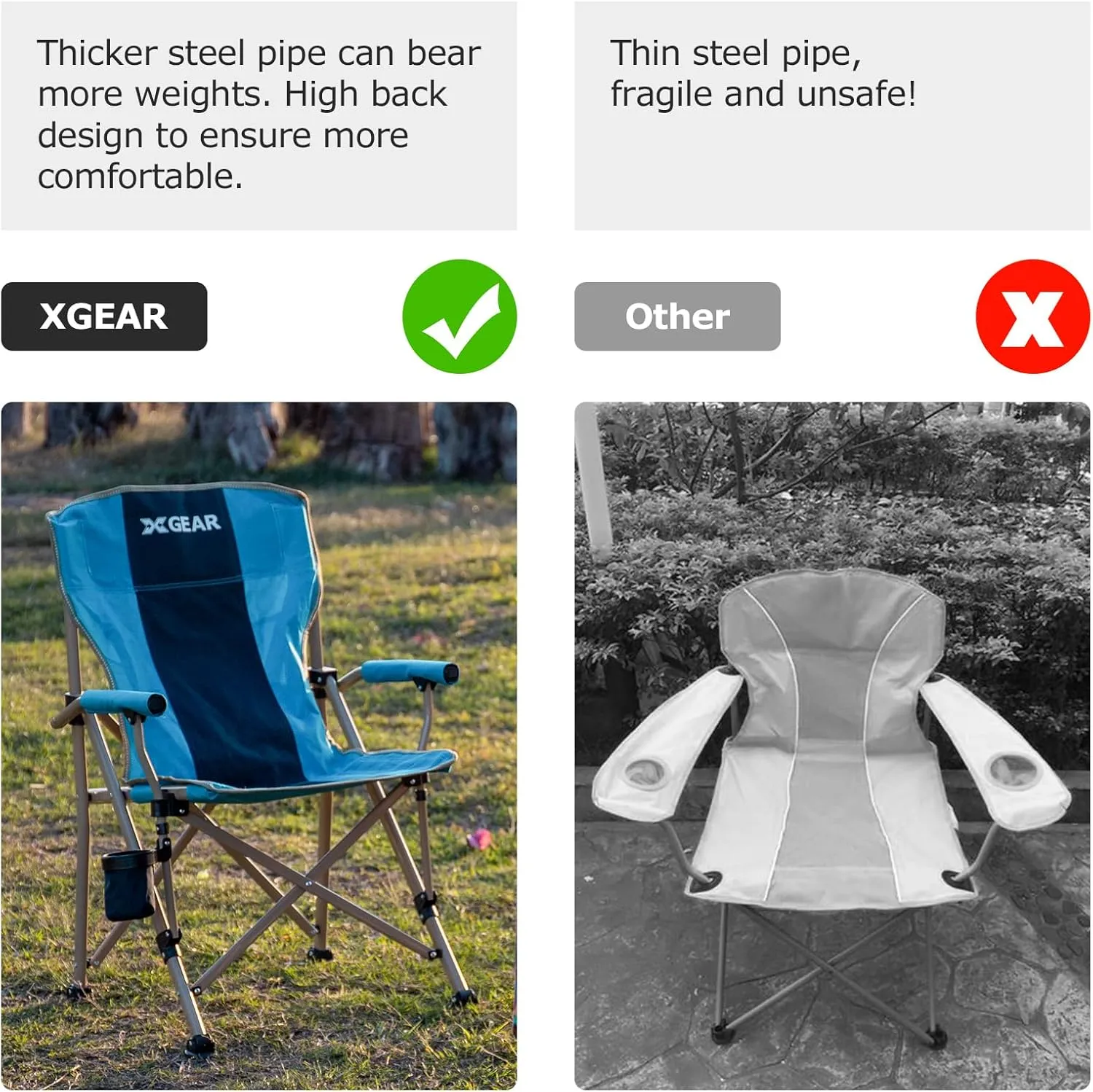 XGEAR Camping Chair with Padded Hard Armrest, Sturdy Folding Camp Chair with Cup Holder, Storage Pockets Carry Bag Included, Support to 400 lbs