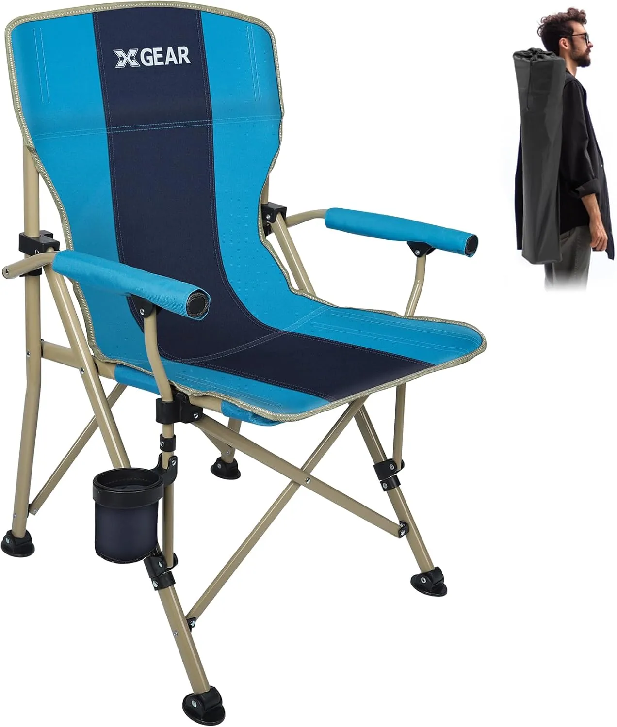XGEAR Camping Chair with Padded Hard Armrest, Sturdy Folding Camp Chair with Cup Holder, Storage Pockets Carry Bag Included, Support to 400 lbs