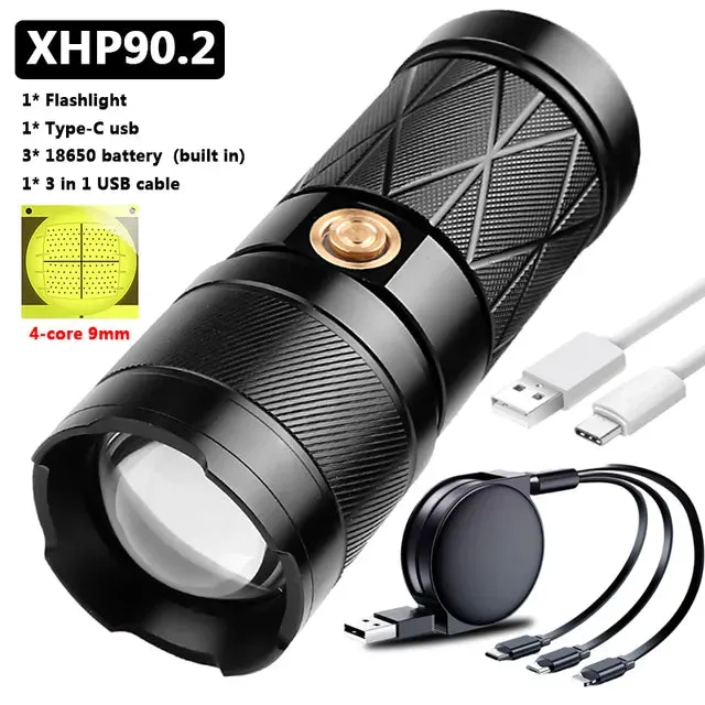 XHP90.2 Super Bright Led Double Head Flashlight Waterproof Rechargeable Zoomable Torch Work Light Spotlight Floodling Lantern
