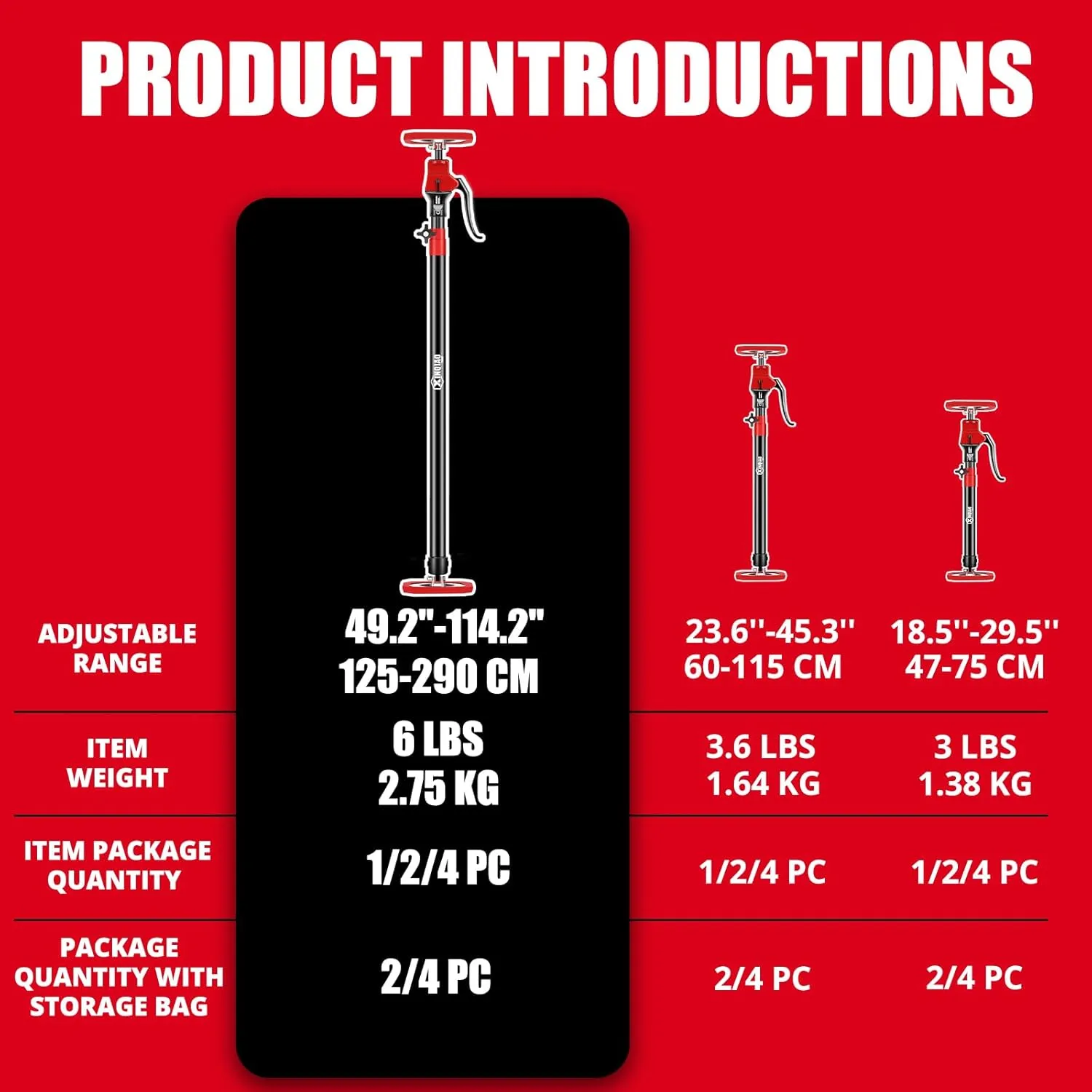 XINQIAO Cabinet Jacks for Installing Cabinets, Heavy Duty Third Hand Tools Adjustable Support Pole from 49.2 in to 114.2 in, 2 PCS