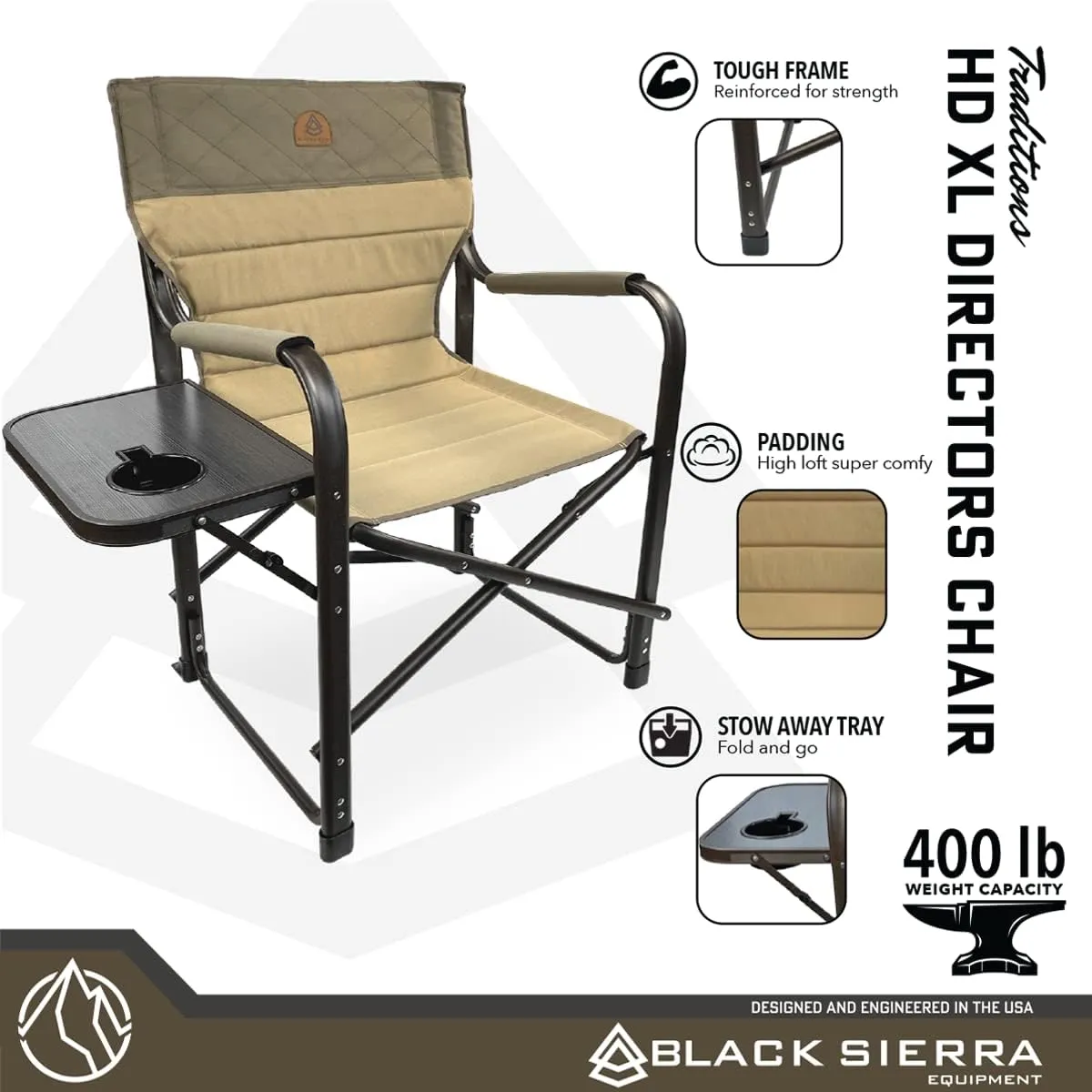 XL Directors Chair with Foldable Side Table, Heavy Duty Camp Chair supports 400 Lbs, Oversize Outdoor Folding Seat with High Back and Padded Armrests for Lawn, Beach, Tailgating, Sports