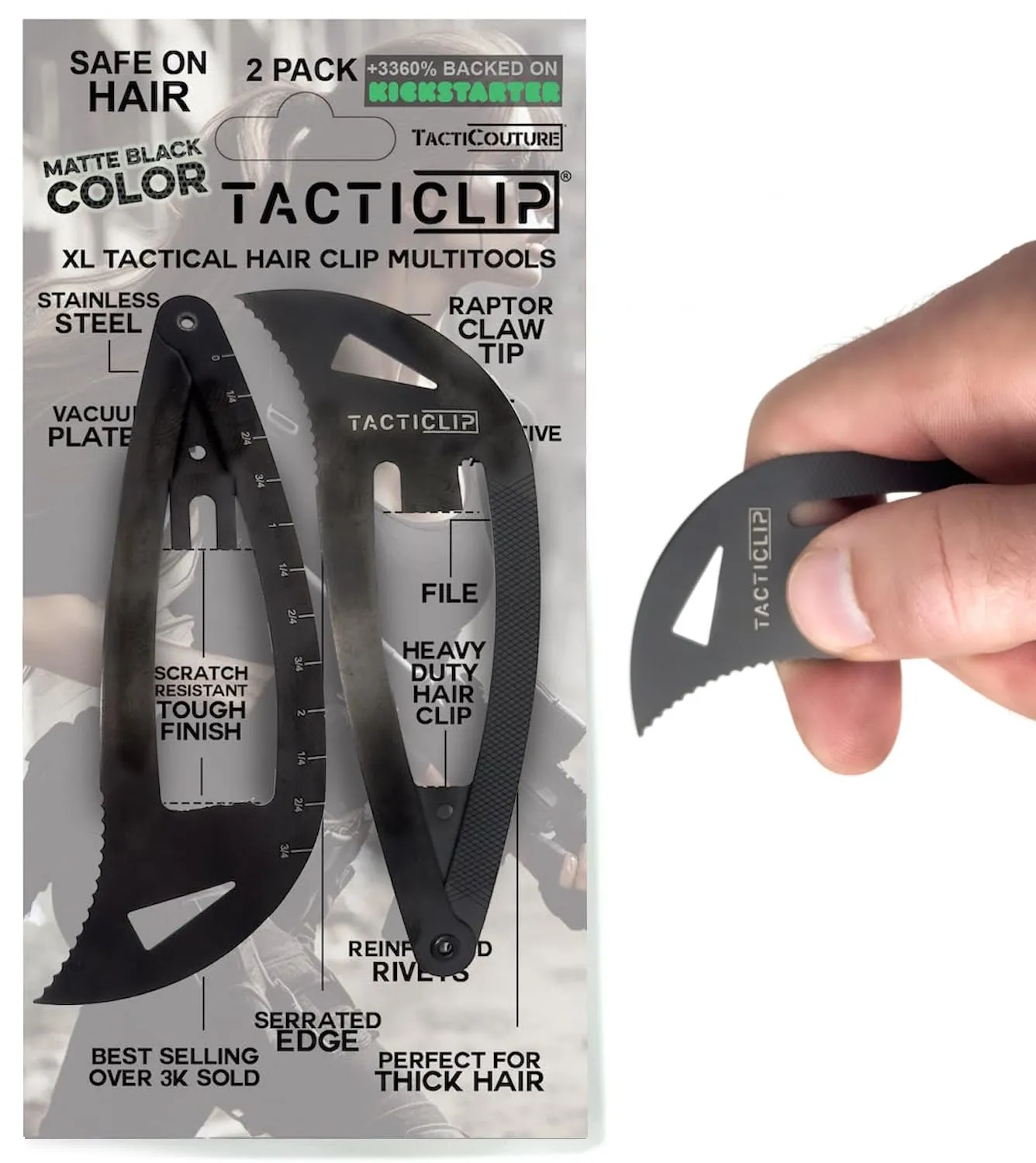XL Snap Hair Clip Multitool Barrettes for Thick Hair, Large 2 Pack, Jumbo Salon Women Accessories, Tactical Black Metal