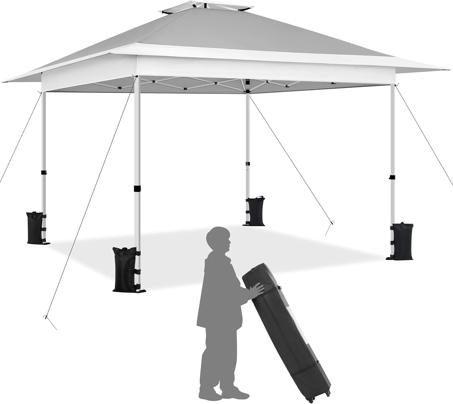Yaheetech 13x13 Pop Up Canopy Tent, Straight Leg Easy Set-up Height-Adjustable Folding Shelter w/Extending Eaves Set W/Sandbags & Rolling Storage Bag & Ground Anchors & Guy Lines，Light Gray/White