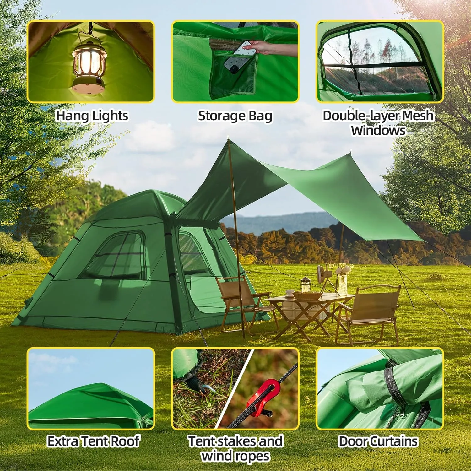 Yoleny 4/6/8/10/12 Person Inflatable Camping Tent with Extended Canopy, Mesh Windows & Pump, 4 Season Glamping Tent with 1-2 Room, Upgraded Waterproof Oxford, Easy Setup