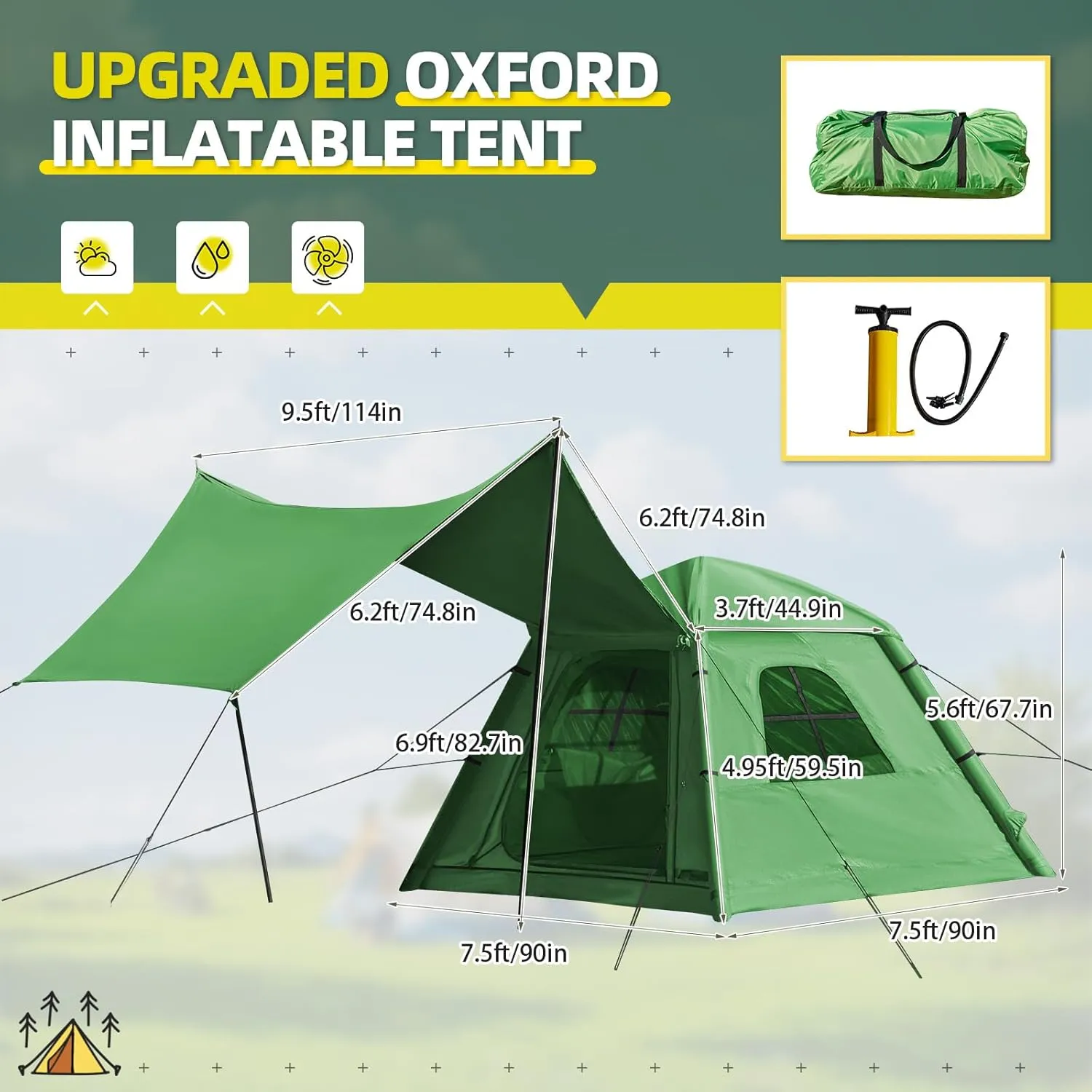 Yoleny 4/6/8/10/12 Person Inflatable Camping Tent with Extended Canopy, Mesh Windows & Pump, 4 Season Glamping Tent with 1-2 Room, Upgraded Waterproof Oxford, Easy Setup