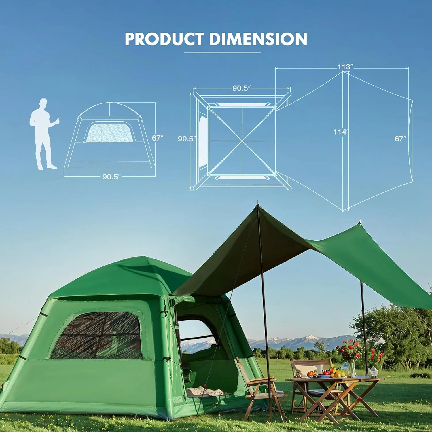 YOLENY Inflatable Camping Tent, 2/4/6/8 Person Glamping Inflatable Tents for Camping, Easy Setup Portable Water-Resistant Cabin Tent with Mesh Windows & Pumps, 4 Season