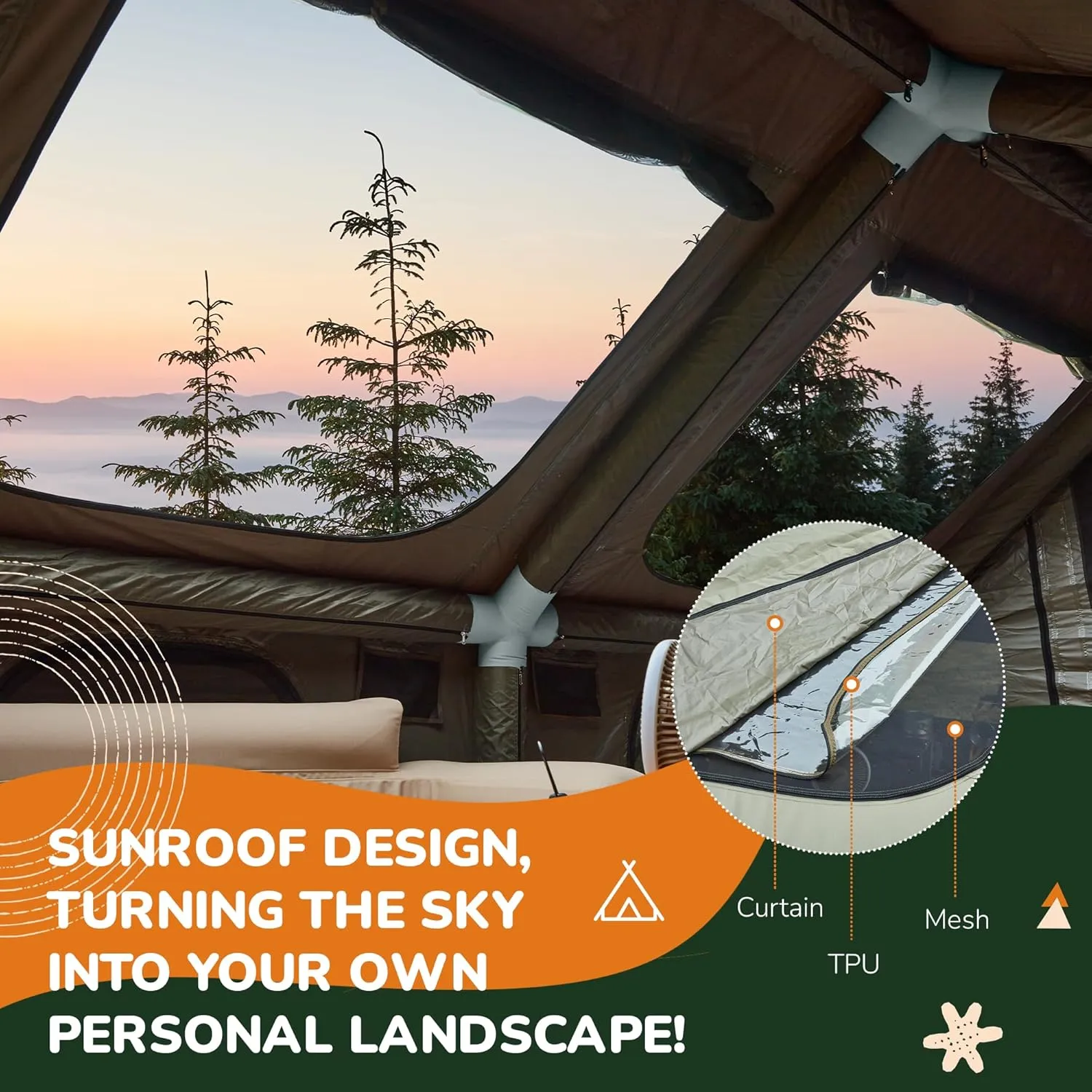 YOLENY Inflatable Tents for Camping, 4/6/8/10/12 Person Tent with TPU Skylight, Mesh Windows, Stove Jack & Pump, Easy Setup 4 Season Glamping Tent, Waterproof & Windproof