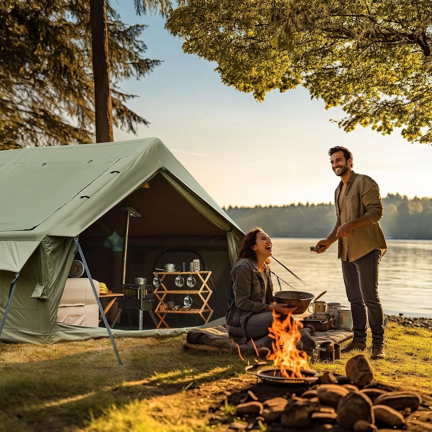YOLENY Inflatable Tents for Camping, 4/6/8/10/12 Person Tent with TPU Skylight, Mesh Windows, Stove Jack & Pump, Easy Setup 4 Season Glamping Tent, Waterproof & Windproof