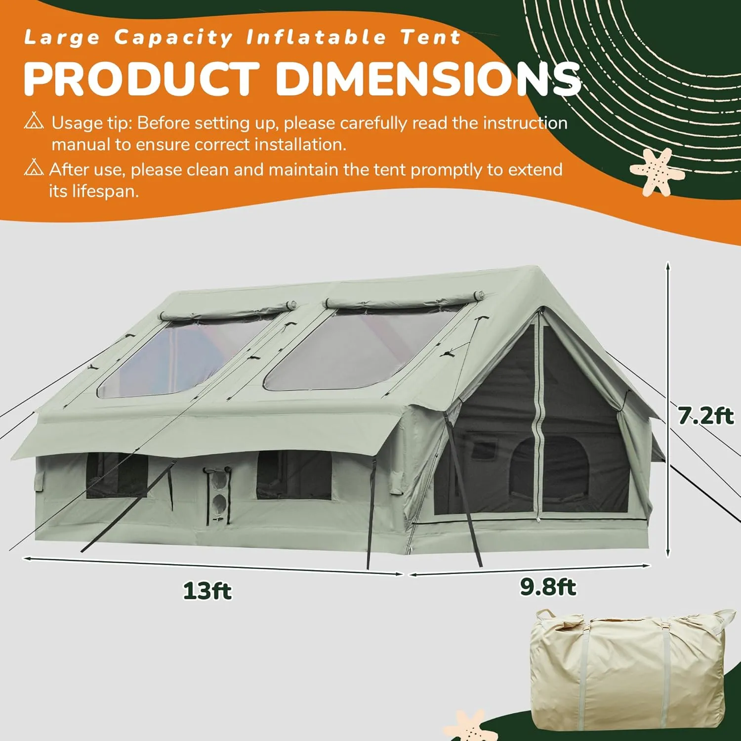 YOLENY Inflatable Tents for Camping, 4/6/8/10/12 Person Tent with TPU Skylight, Mesh Windows, Stove Jack & Pump, Easy Setup 4 Season Glamping Tent, Waterproof & Windproof