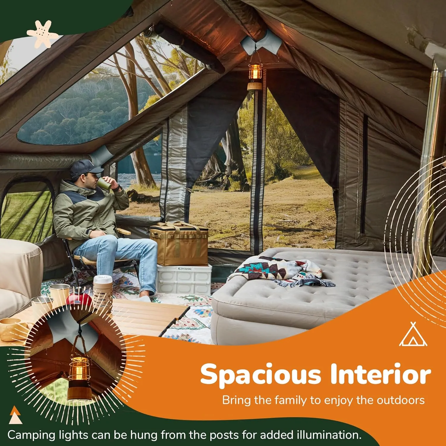 YOLENY Inflatable Tents for Camping, 4/6/8/10/12 Person Tent with TPU Skylight, Mesh Windows, Stove Jack & Pump, Easy Setup 4 Season Glamping Tent, Waterproof & Windproof