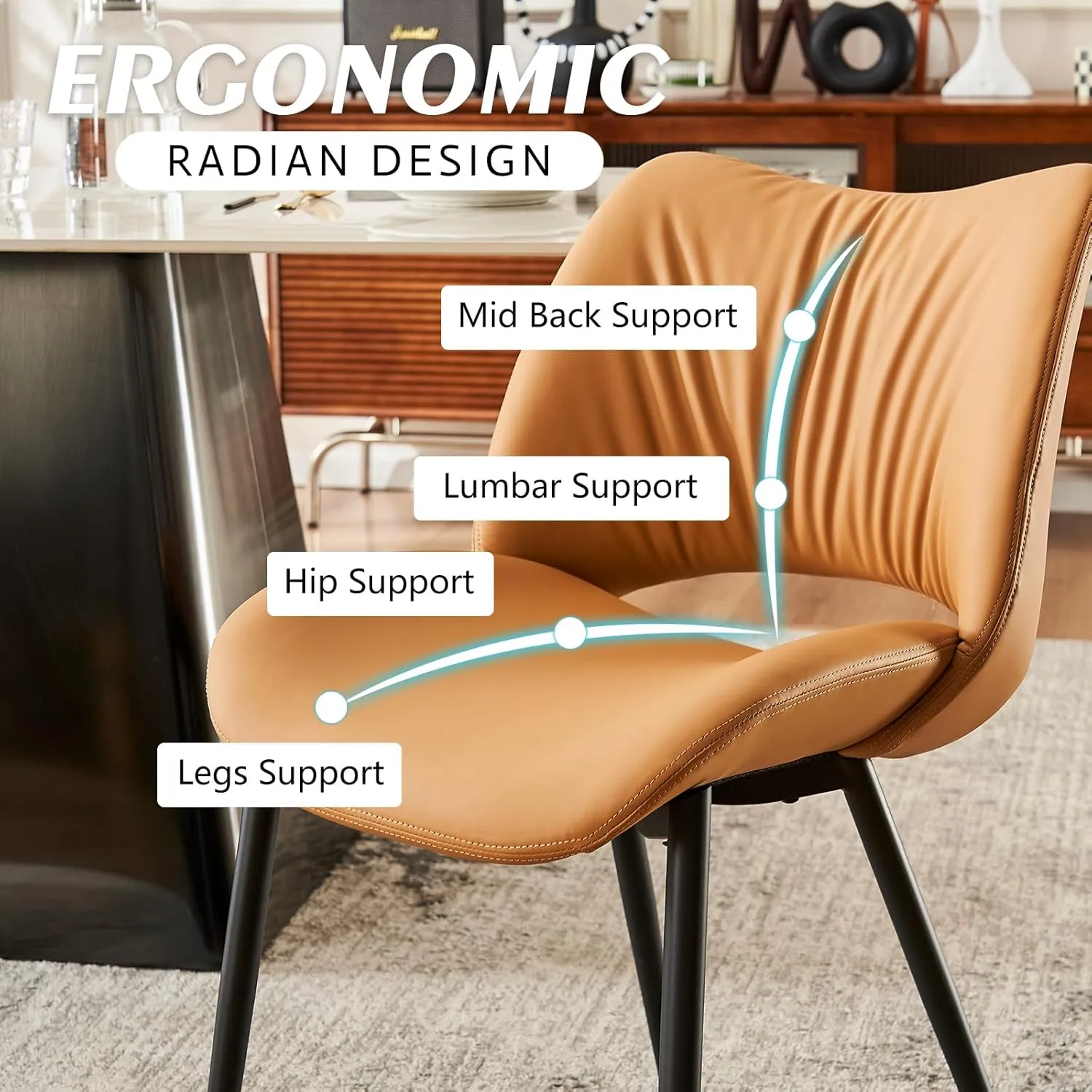 YOUTASTE Dining Chairs Set of 2 Modern Upholstered Kitchen Room Chair Faux Leather Curved Backrest Dinner Chair with Padded Seat for Living Room Brown Yellow