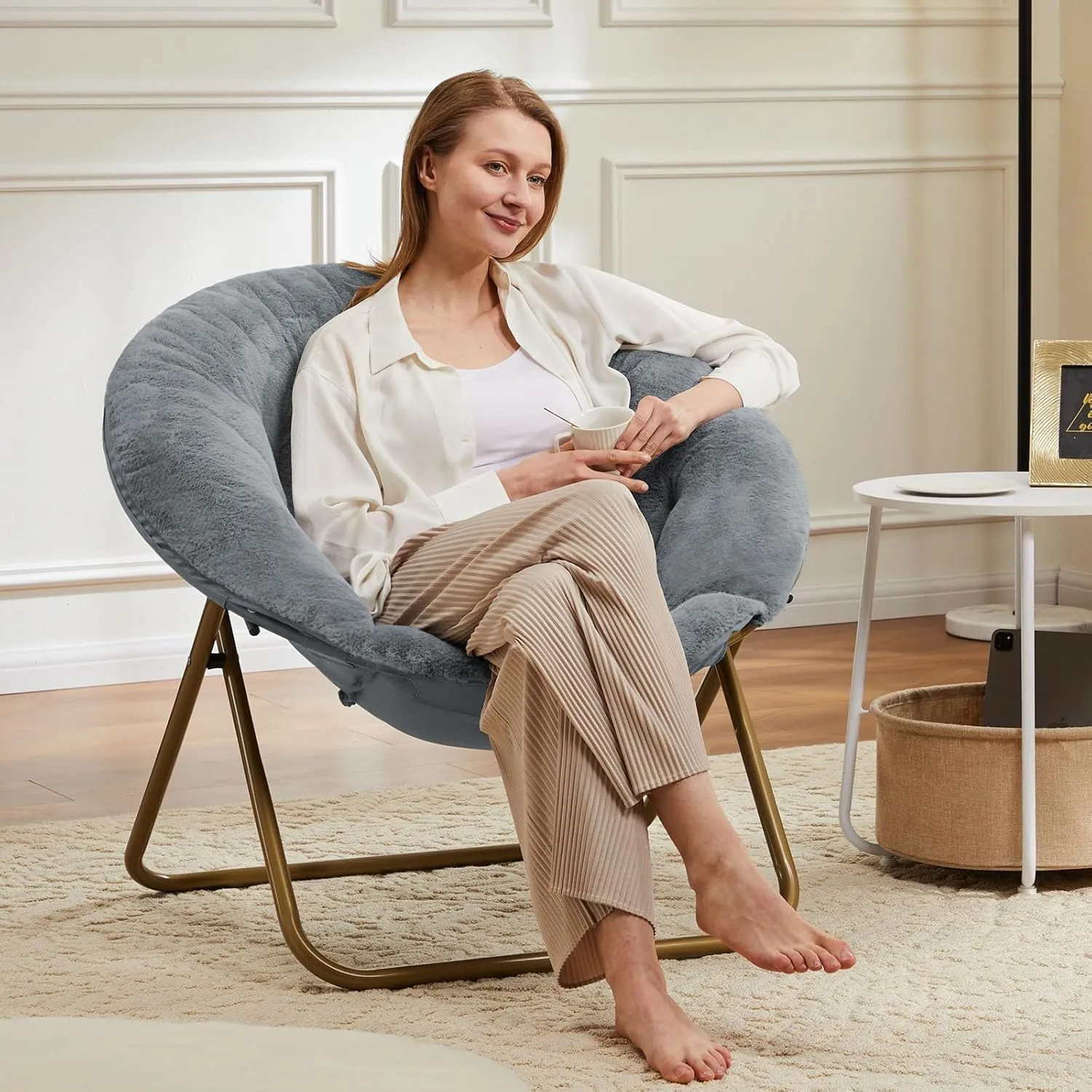 YSSOA Saucer Chair, Comfy Faux Fur Chair for Bedroom, Saucer Chairs for Adults, Teens, Round Shaped Moon Chair with Foldable Metal Frame, Grey
