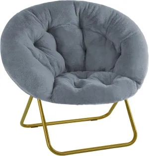YSSOA Saucer Chair, Comfy Faux Fur Chair for Bedroom, Saucer Chairs for Adults, Teens, Round Shaped Moon Chair with Foldable Metal Frame, Grey