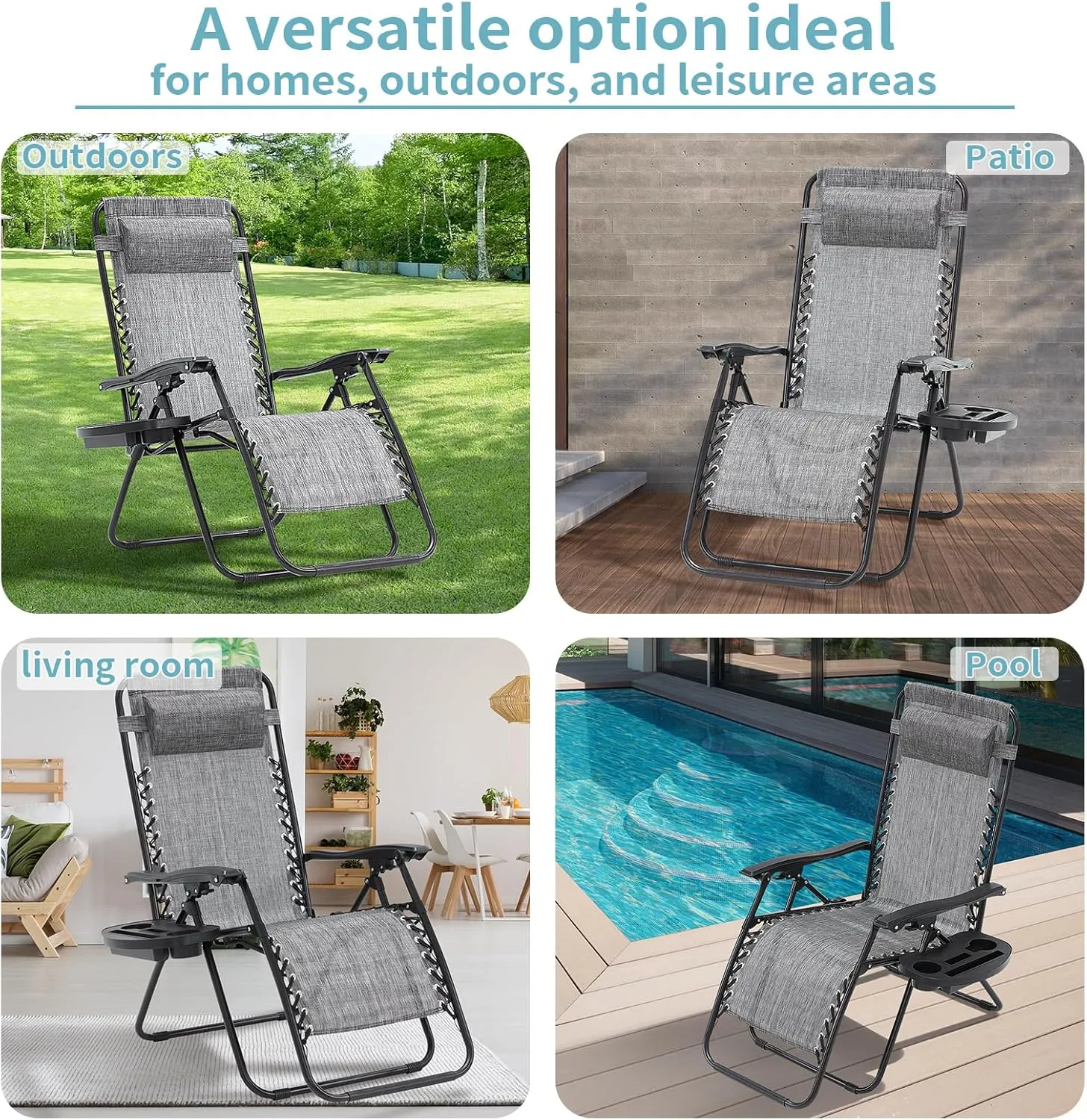 Zero Gravity Chairs Set of 2, Reclining Camping Chair with Adjustable Pillow and Cup Holder Trays, Reclining Folding Outdoor Chairs for Poolside Backyard and Beach (Gray-2)