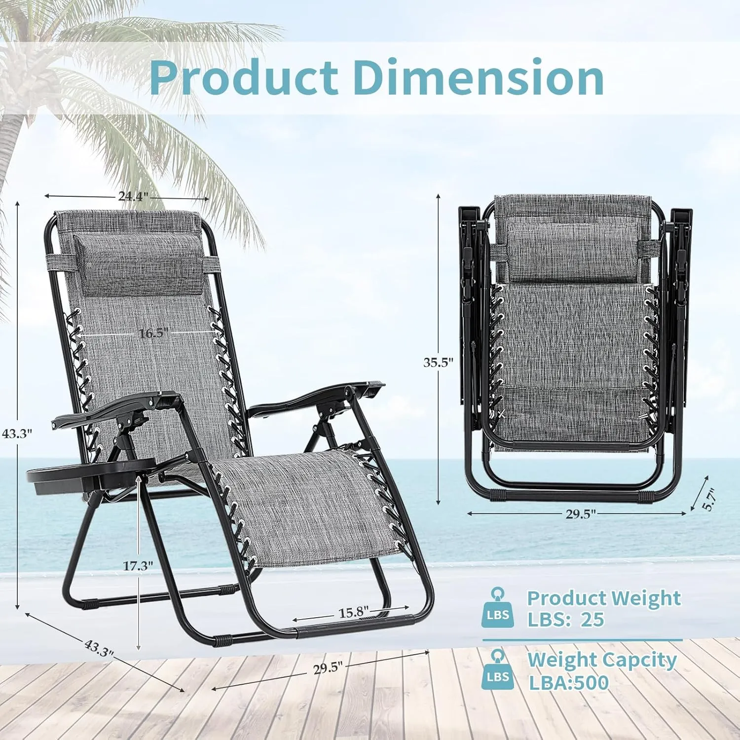 Zero Gravity Chairs Set of 2, Reclining Camping Chair with Adjustable Pillow and Cup Holder Trays, Reclining Folding Outdoor Chairs for Poolside Backyard and Beach (Gray-2)