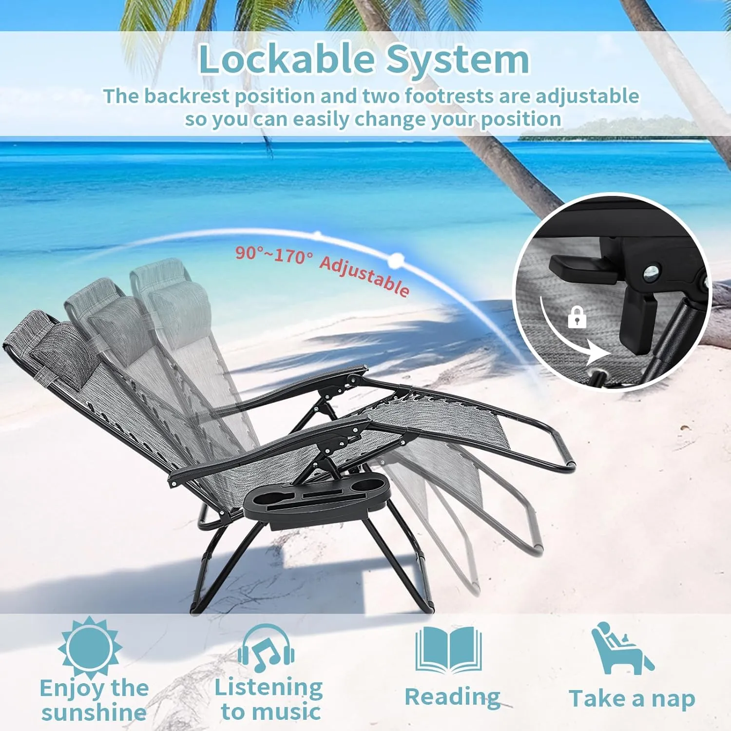 Zero Gravity Chairs Set of 2, Reclining Camping Chair with Adjustable Pillow and Cup Holder Trays, Reclining Folding Outdoor Chairs for Poolside Backyard and Beach (Gray-2)