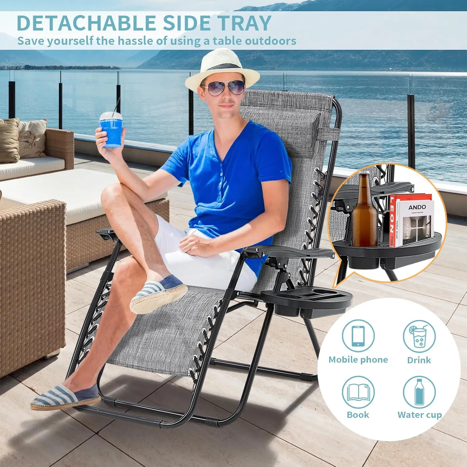Zero Gravity Chairs Set of 2, Reclining Camping Chair with Adjustable Pillow and Cup Holder Trays, Reclining Folding Outdoor Chairs for Poolside Backyard and Beach (Gray-2)