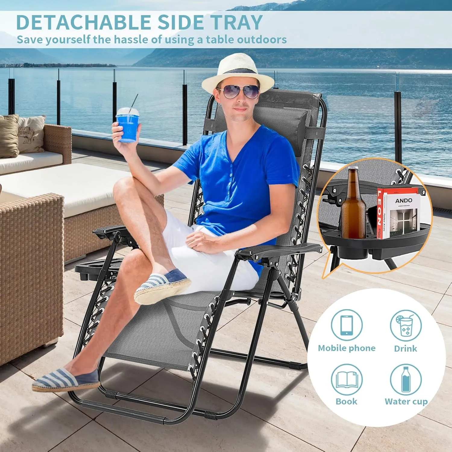 Zero Gravity Chairs Set of 2, Reclining Camping Chair with Adjustable Pillow and Cup Holder Trays, Reclining Folding Outdoor Chairs for Poolside Backyard and Beach (Ice Gray-2)