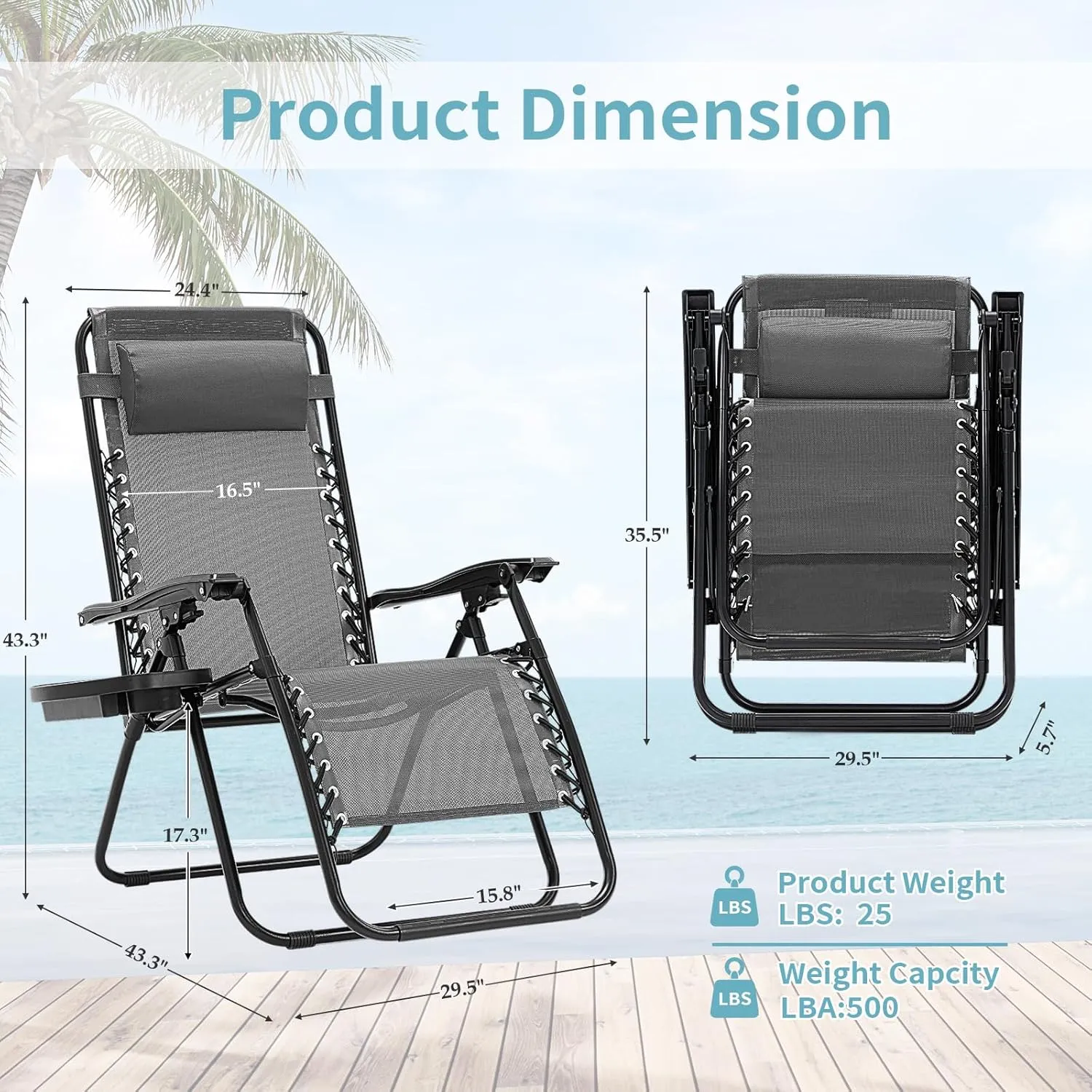 Zero Gravity Chairs Set of 2, Reclining Camping Chair with Adjustable Pillow and Cup Holder Trays, Reclining Folding Outdoor Chairs for Poolside Backyard and Beach (Ice Gray-2)