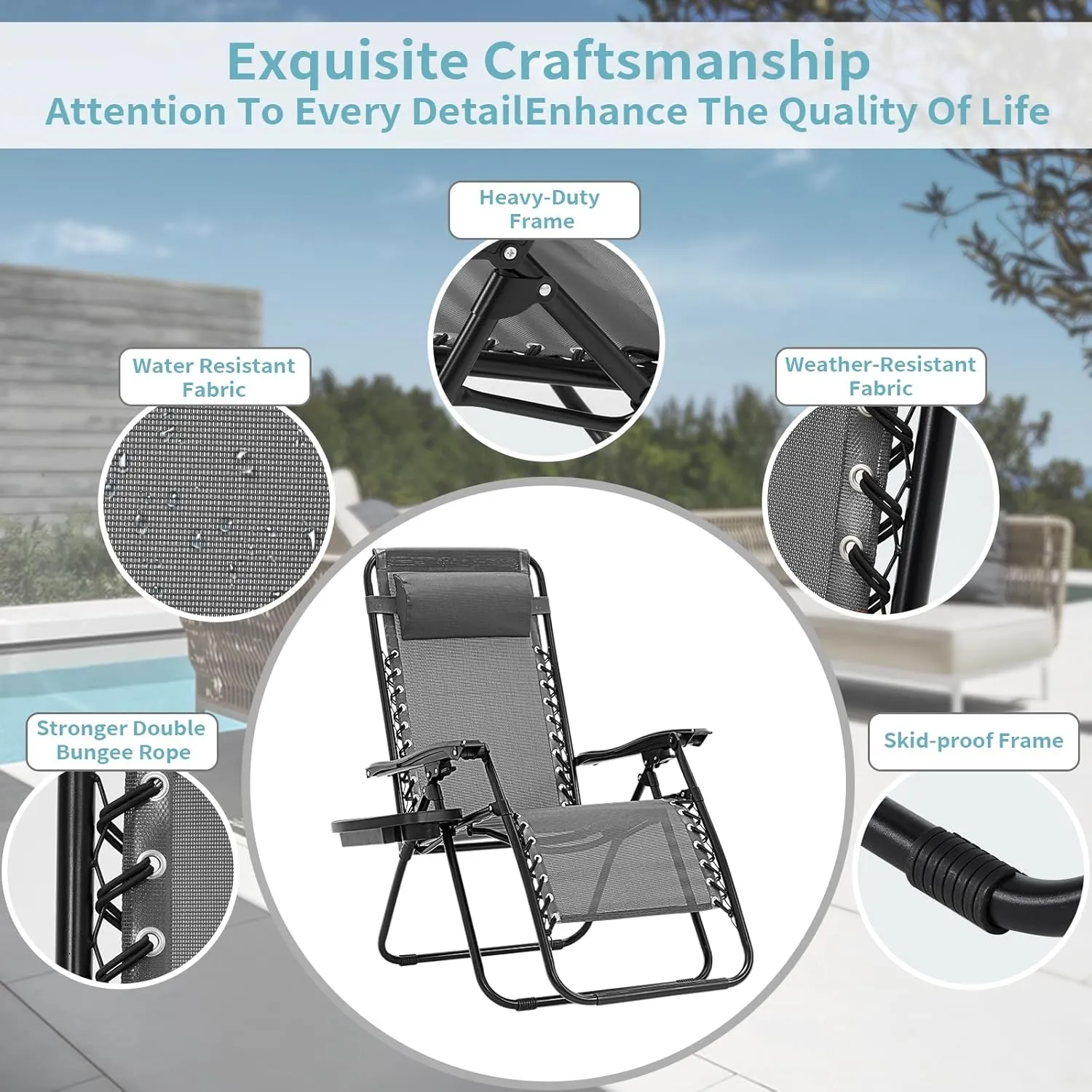 Zero Gravity Chairs Set of 2, Reclining Camping Chair with Adjustable Pillow and Cup Holder Trays, Reclining Folding Outdoor Chairs for Poolside Backyard and Beach (Ice Gray-2)
