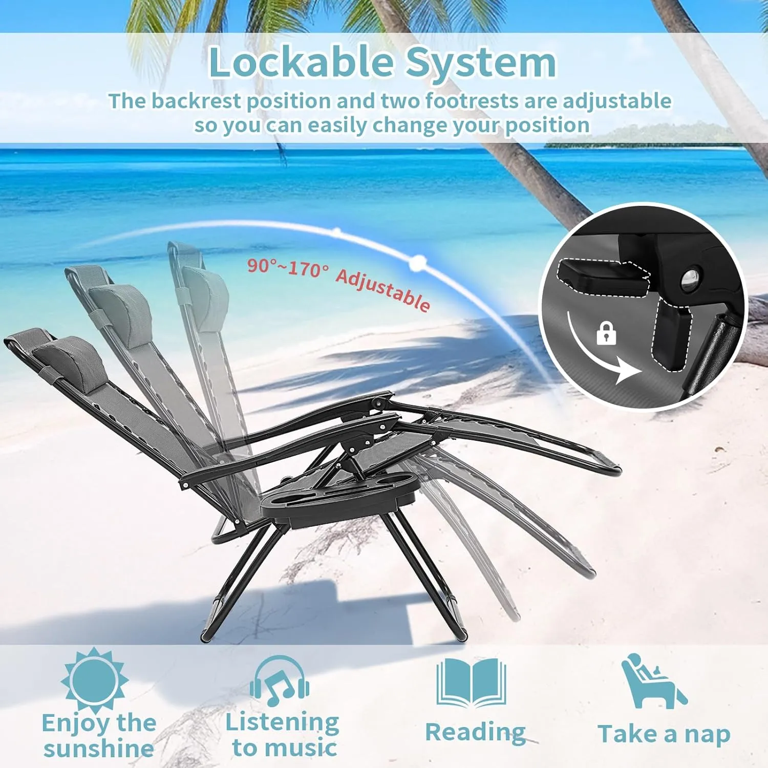 Zero Gravity Chairs Set of 2, Reclining Camping Chair with Adjustable Pillow and Cup Holder Trays, Reclining Folding Outdoor Chairs for Poolside Backyard and Beach (Ice Gray-2)