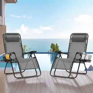 Zero Gravity Chairs Set of 2, Reclining Camping Chair with Adjustable Pillow and Cup Holder Trays, Reclining Folding Outdoor Chairs for Poolside Backyard and Beach (Ice Gray-2)
