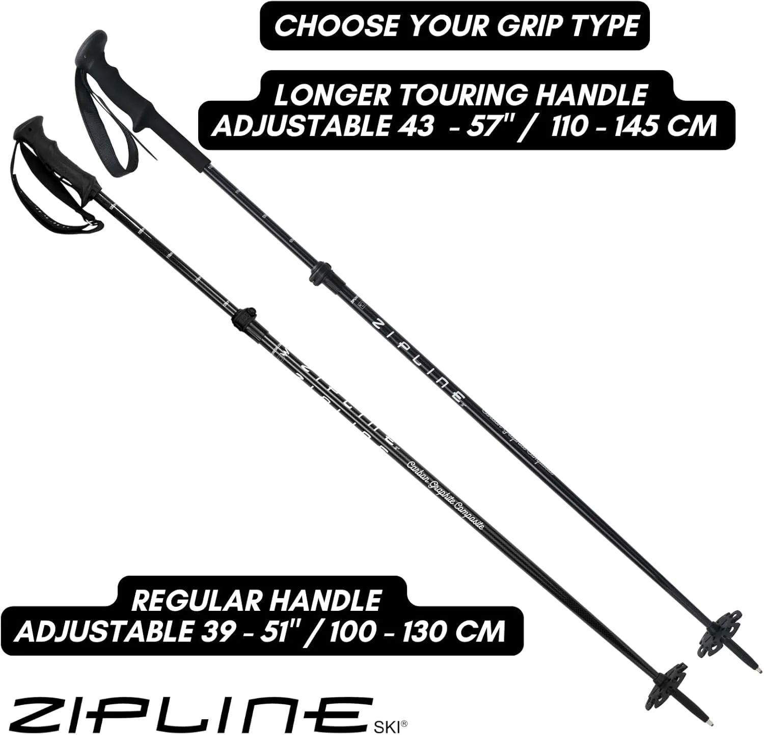 Zipline Blurr EXT MRDW Collection - Adjustable Graphite Composite Ski Poles for Backcountry & All-Mountain - Lightweight, Durable, Ergonomic Grip, Grip Options, Designed by Gold Medalist David Wise