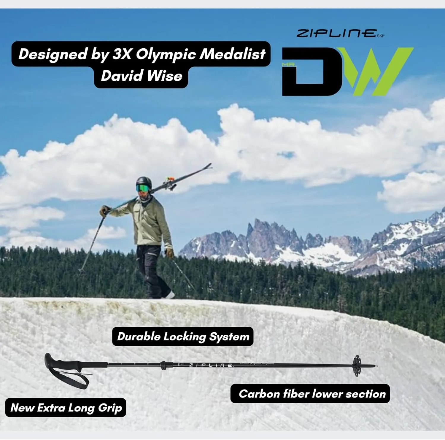 Zipline Blurr EXT MRDW Collection - Adjustable Graphite Composite Ski Poles for Backcountry & All-Mountain - Lightweight, Durable, Ergonomic Grip, Grip Options, Designed by Gold Medalist David Wise